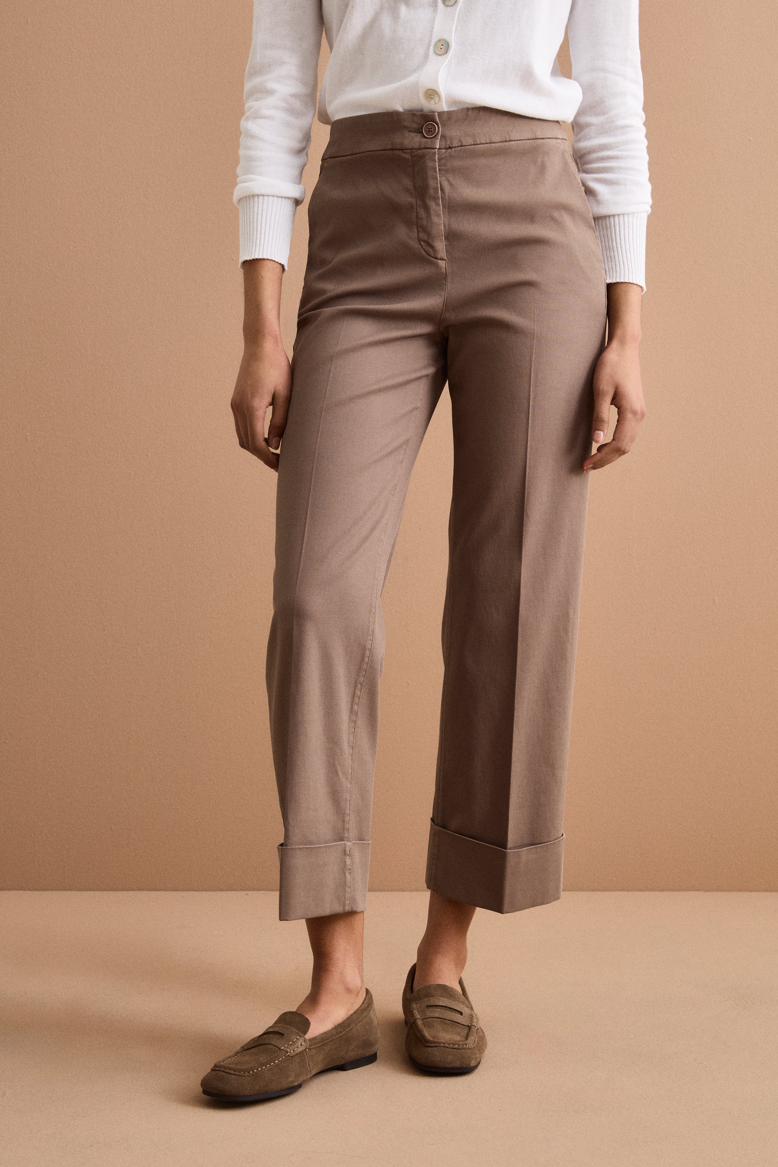 Straight-Leg-Hose mit Aufschlag aus Baumwollmischung-Piqué - KAFFEE