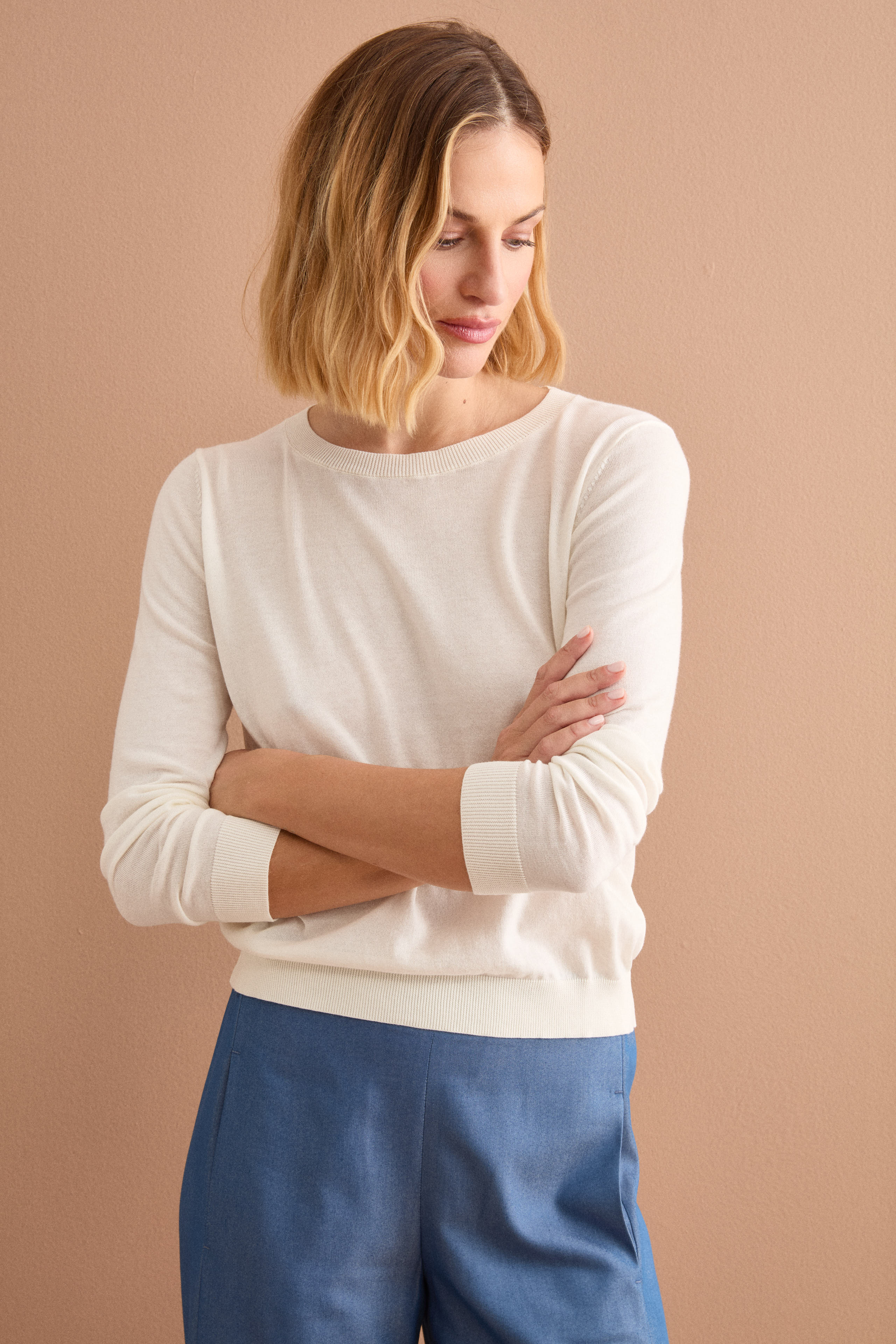 Boxy-Baumwollpullover mit Rundhalsausschnitt - CREAM