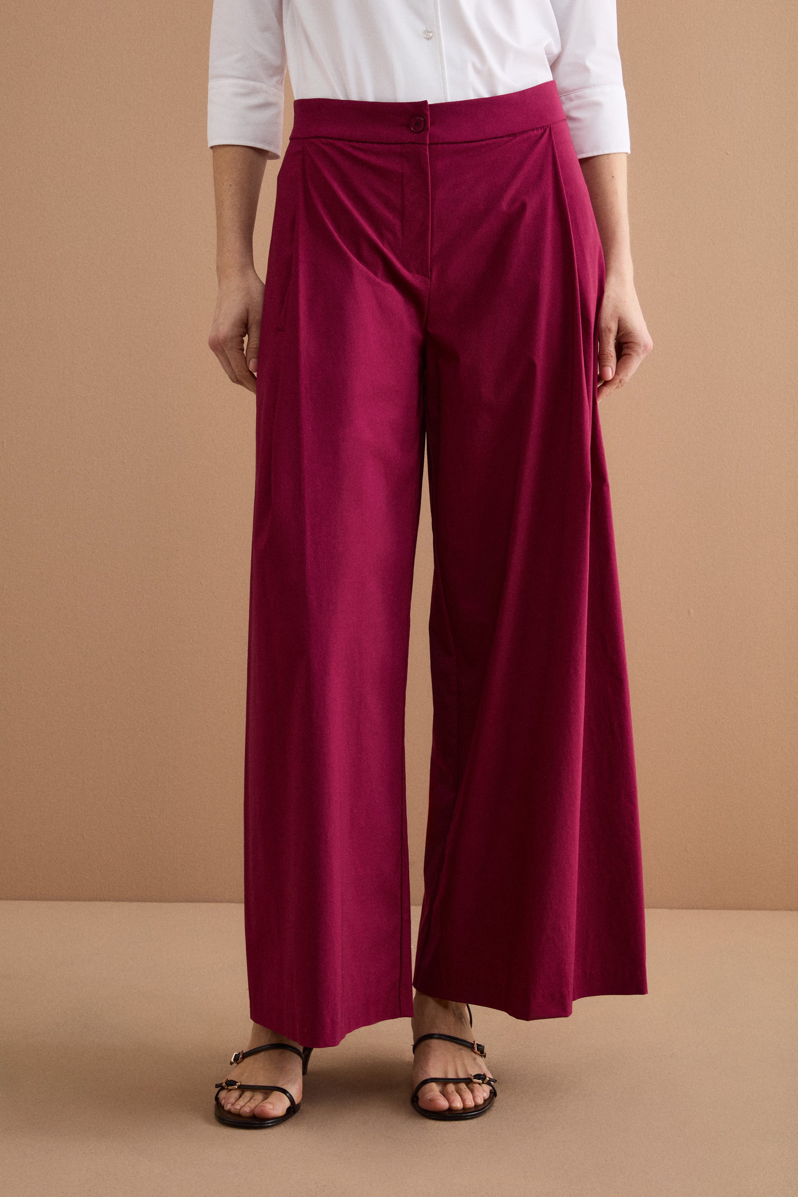 Wide-Leg Bengaline Trousers with Pleats - Burgundy
