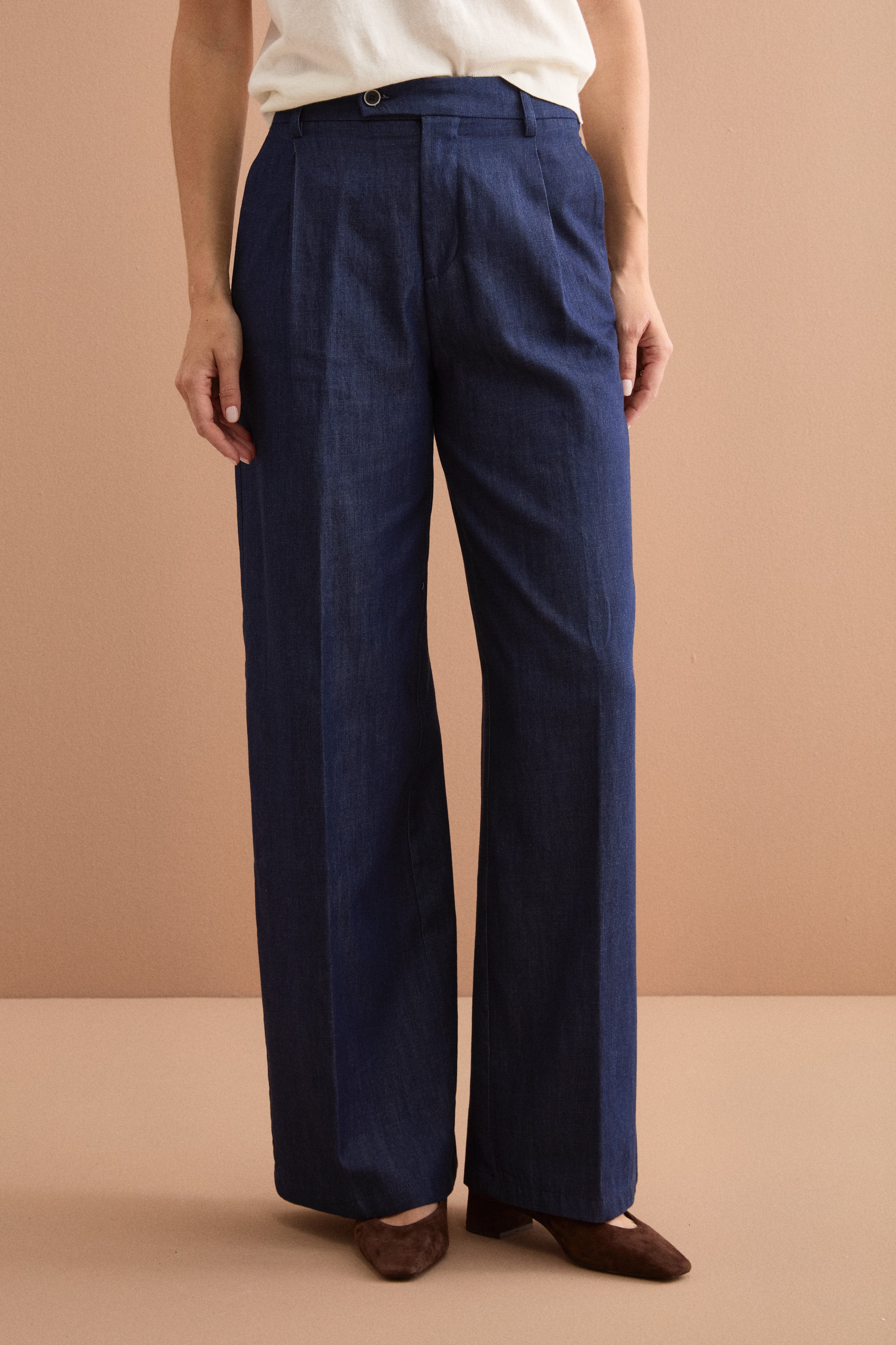 Wide Denim Trousers with Pleats - DENIM