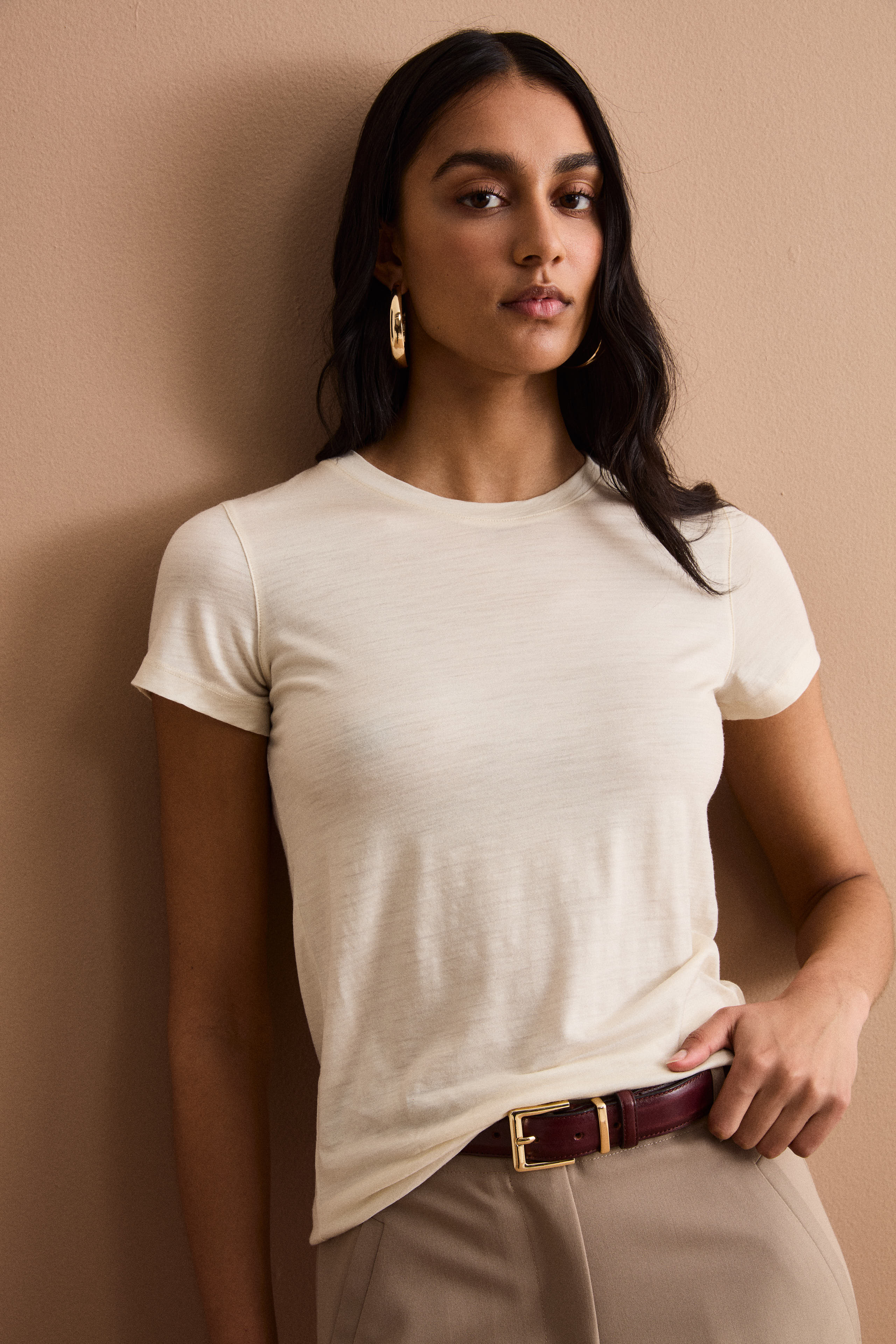 T-Shirt mit Rundhalsausschnitt aus Merinowolle - Creme weiß