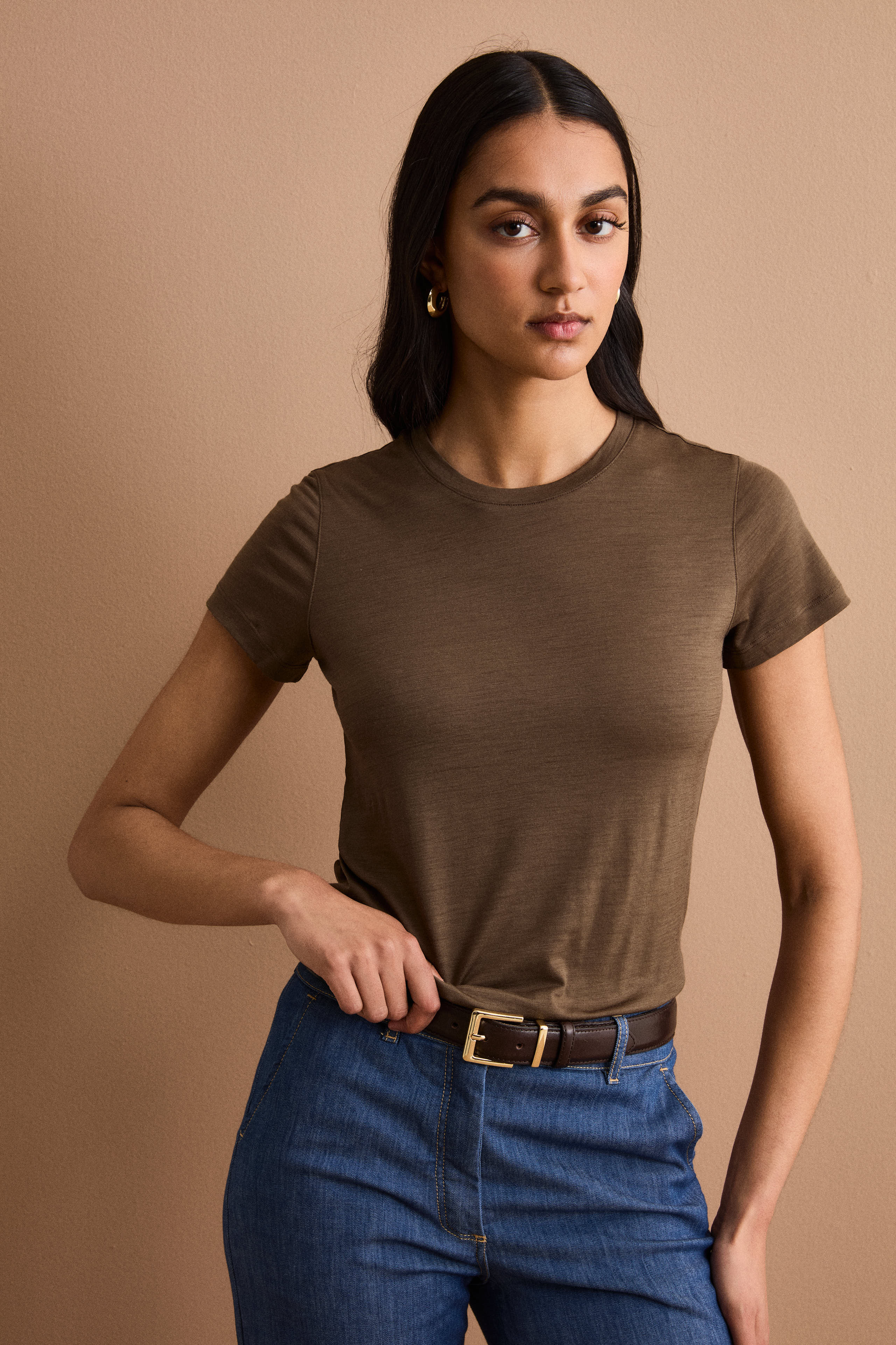 T-Shirt mit Rundhalsausschnitt aus Merinowolle - grau