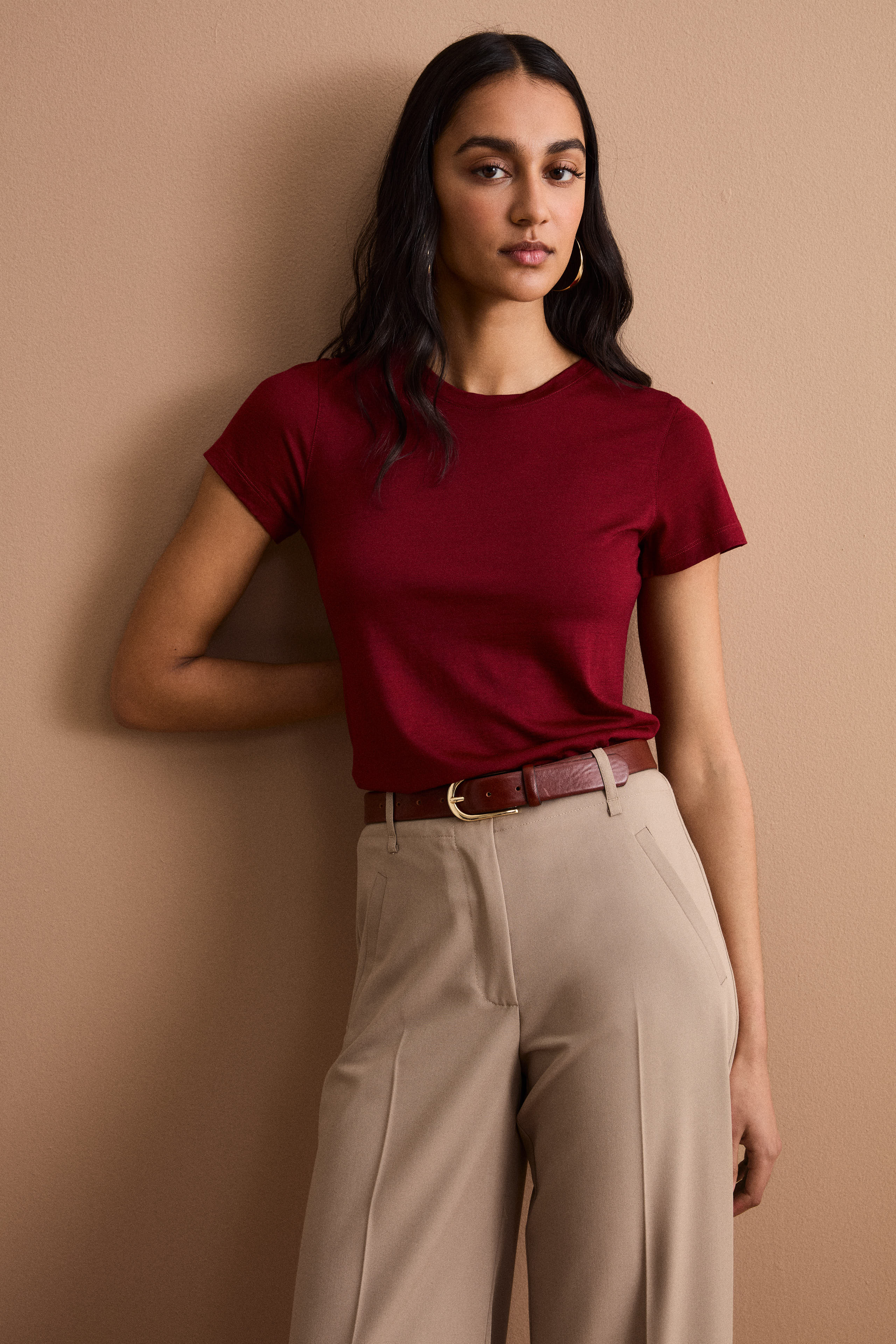 T-Shirt mit Rundhalsausschnitt aus Merinowolle - Burgundisch