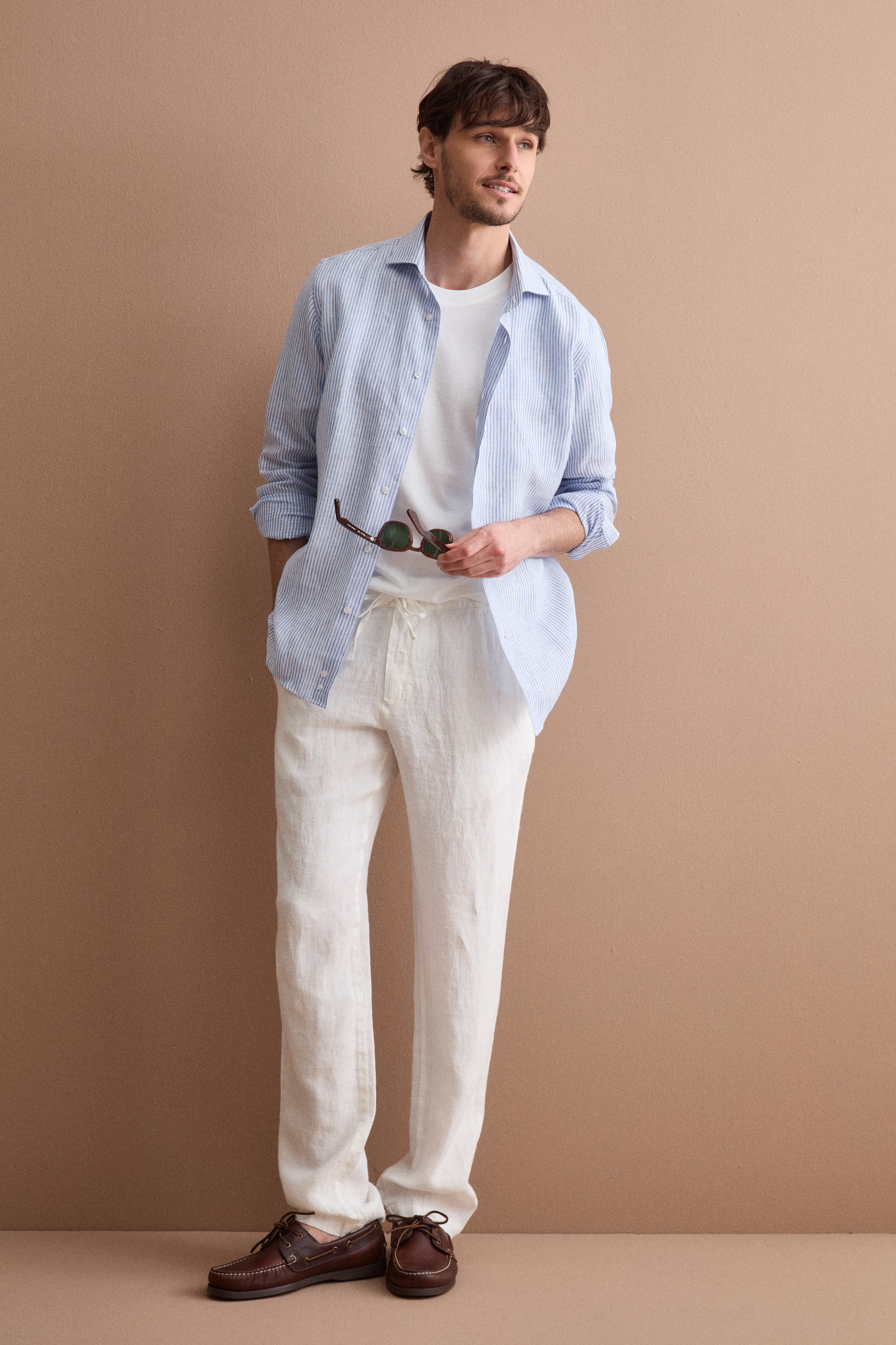 Herren-Leinenhose mit Kordelzug und Elastikbund - CREAM