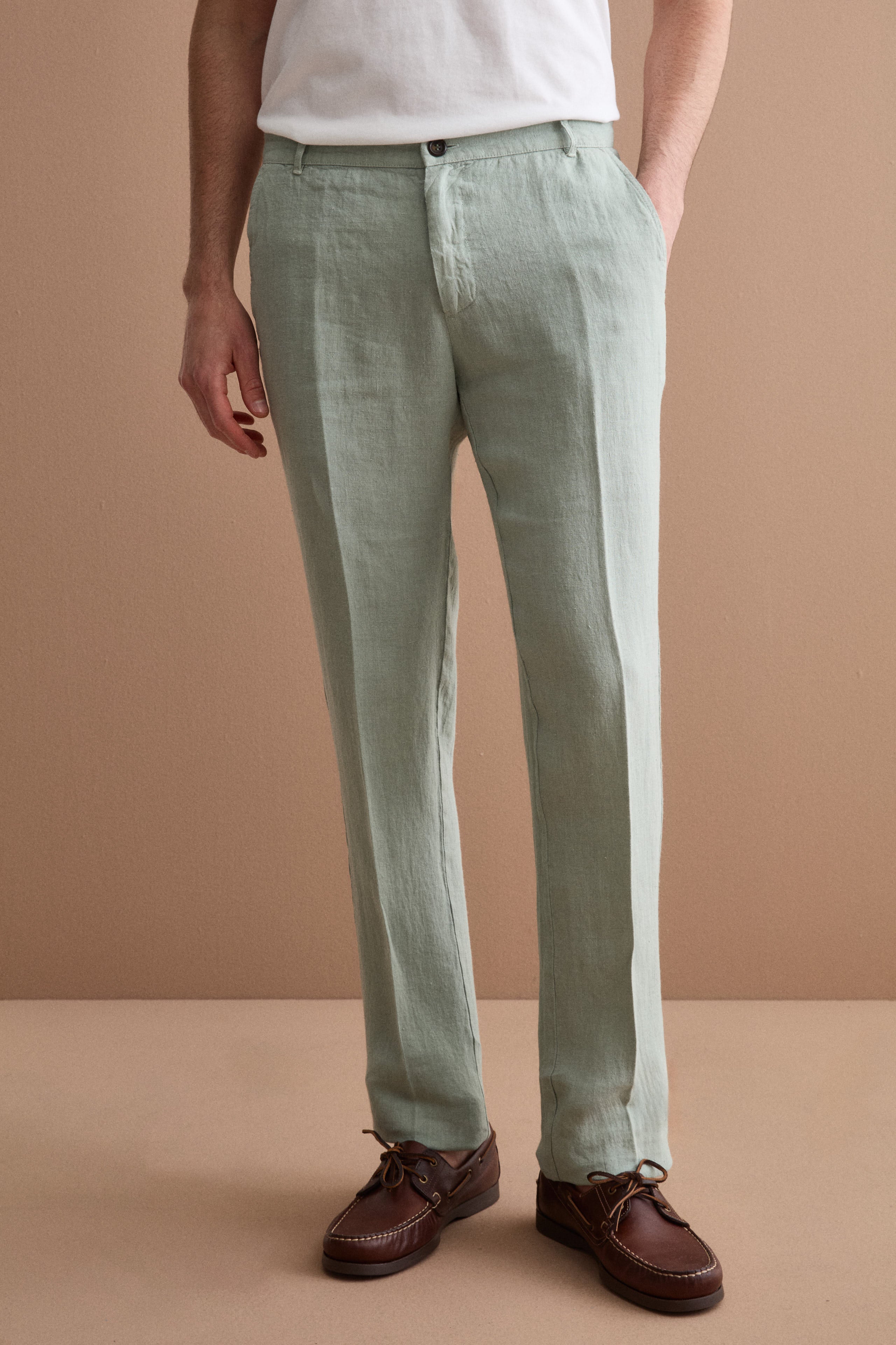Regular-fit cigarette-leg linen trousers - GREEN