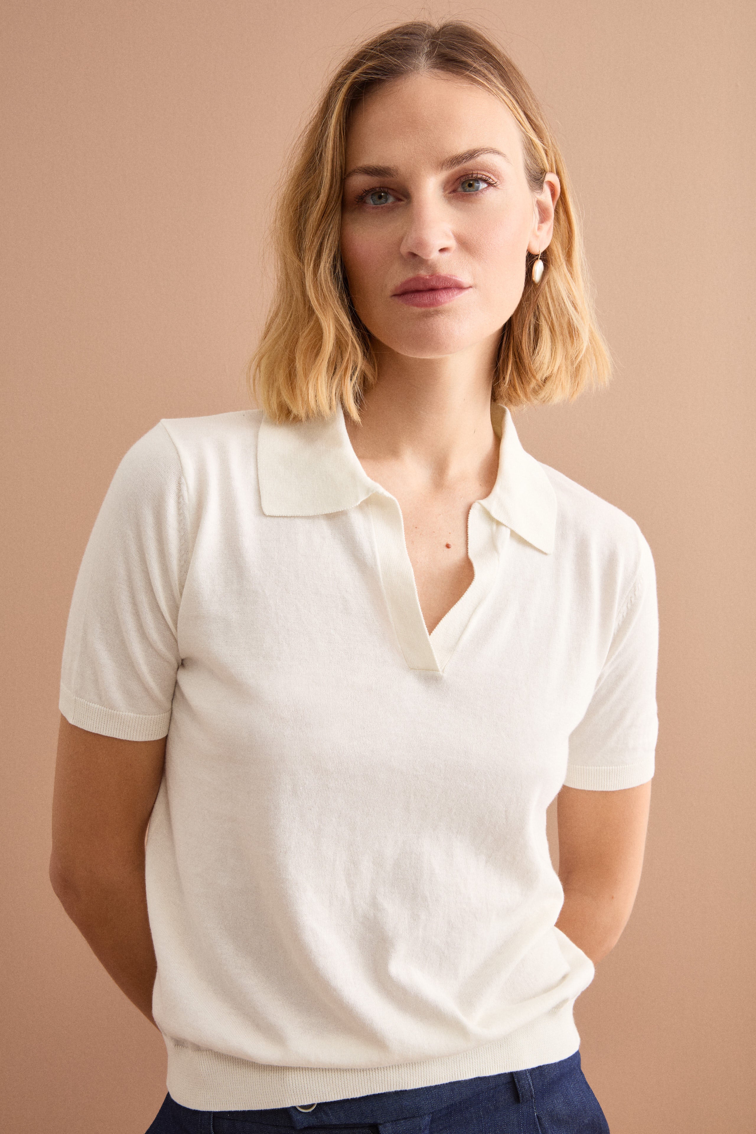 Kurzarm-Poloshirt aus Baumwolle im Derby-Stil - CREAM