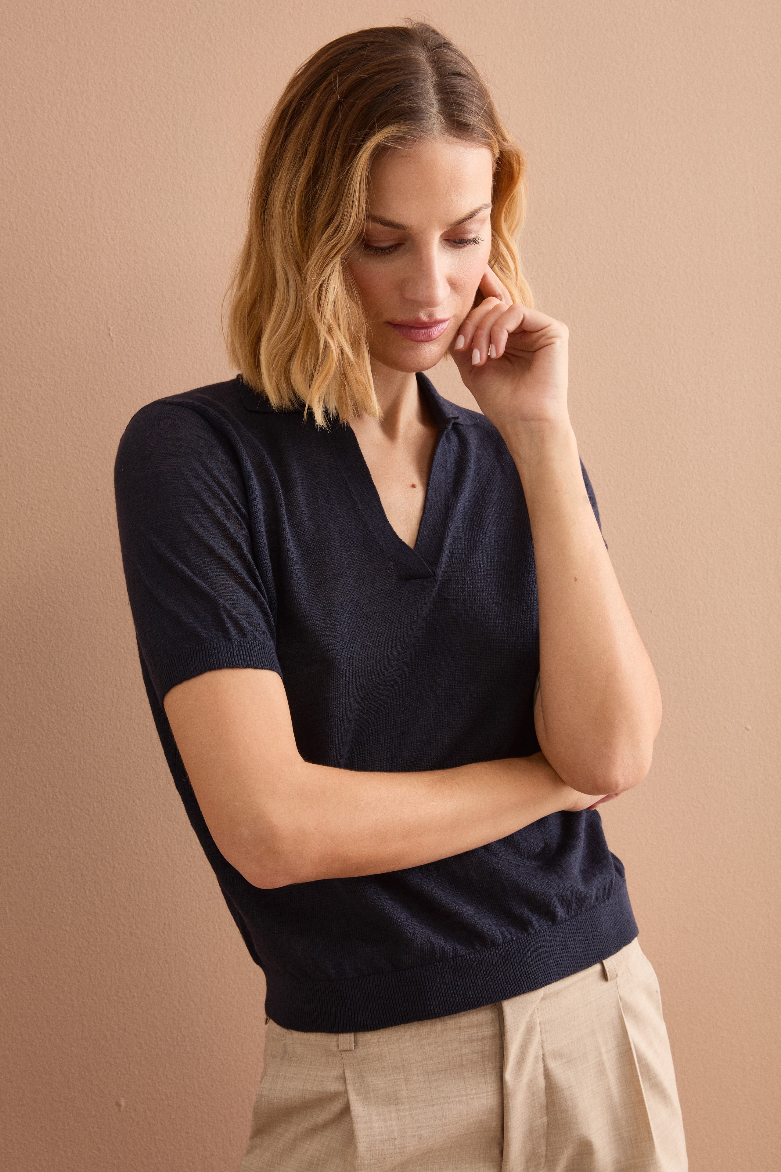 Damen Boxy Polo mit V-Ausschnitt - BLAU