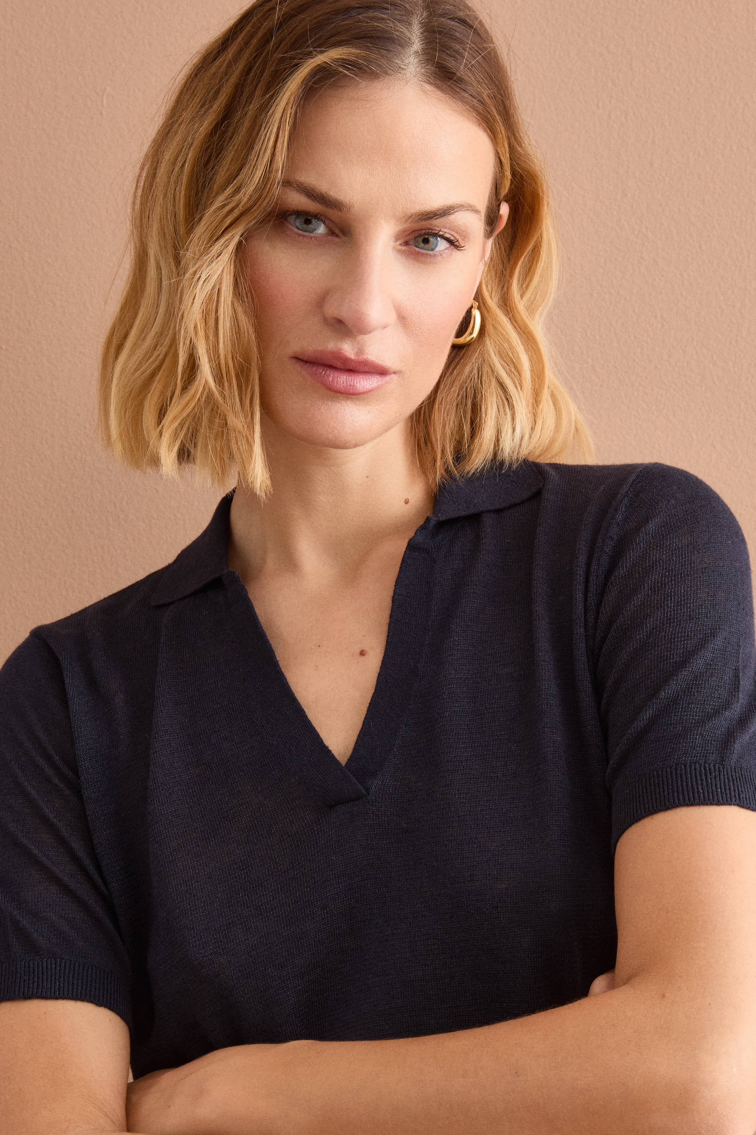 Damen Boxy Polo mit V-Ausschnitt - BLAU