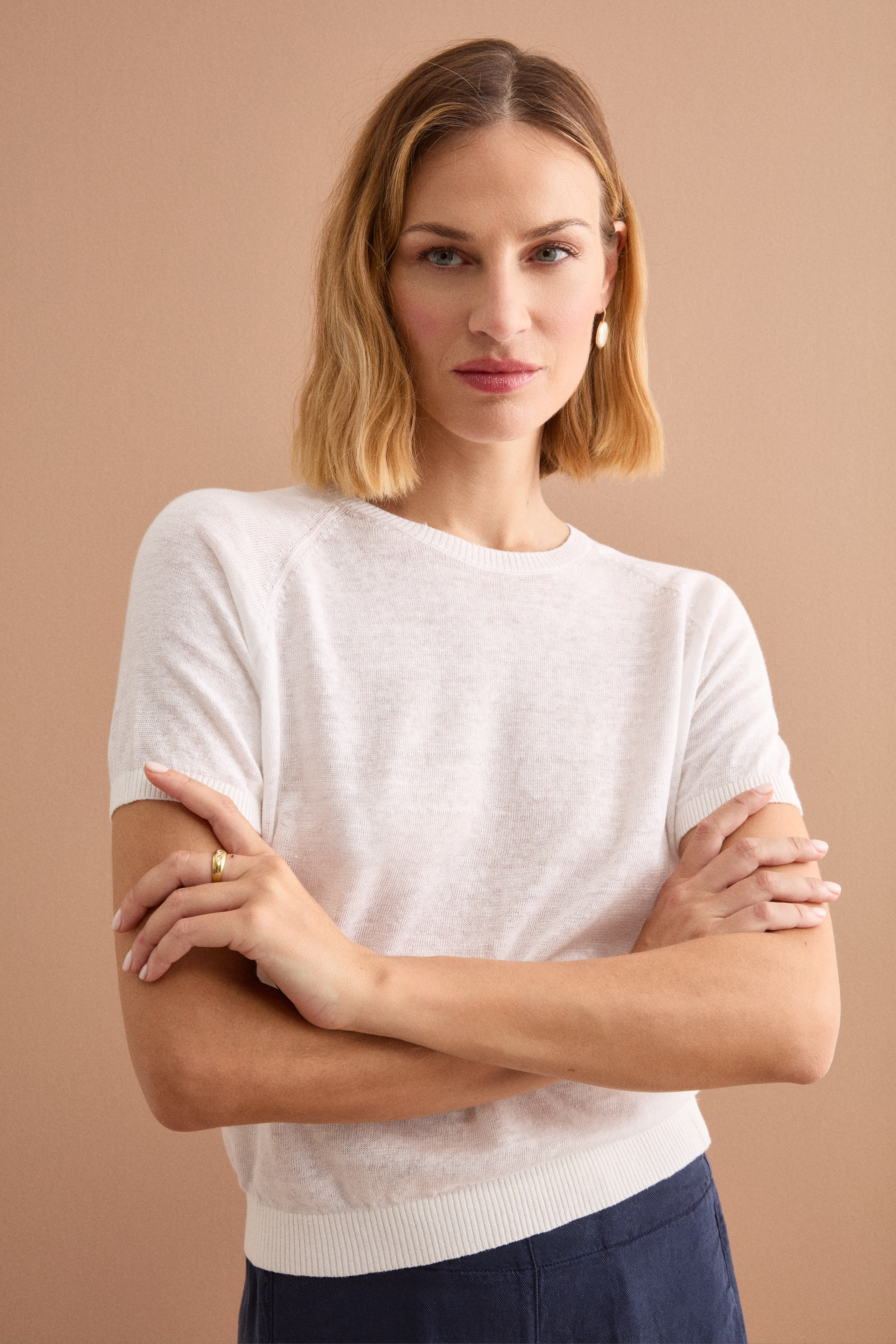 Cropped Boxy-Strickpullover aus Leinenmischung - WEISS