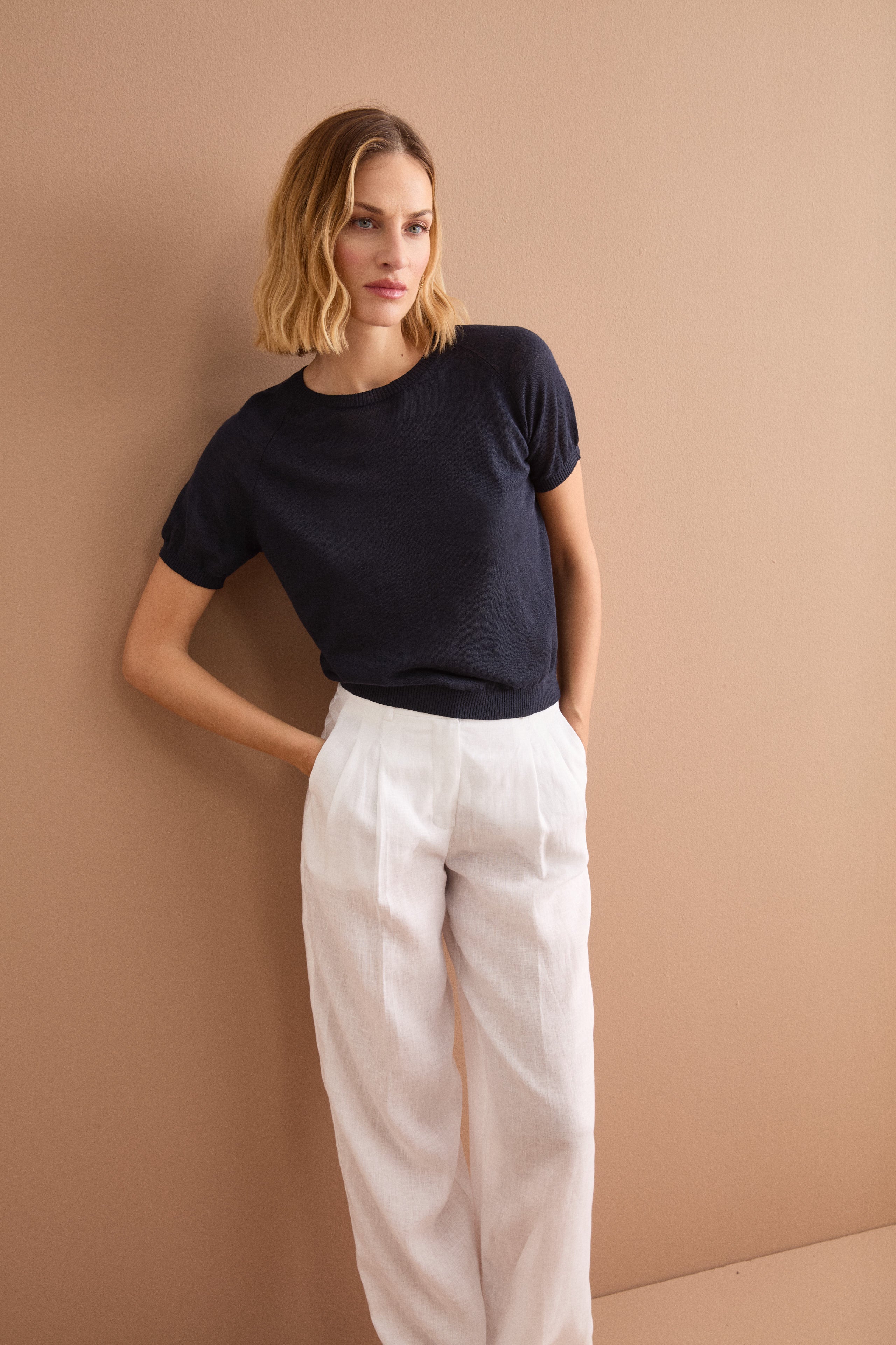 Cropped Boxy-Strickpullover aus Leinenmischung - BLAU