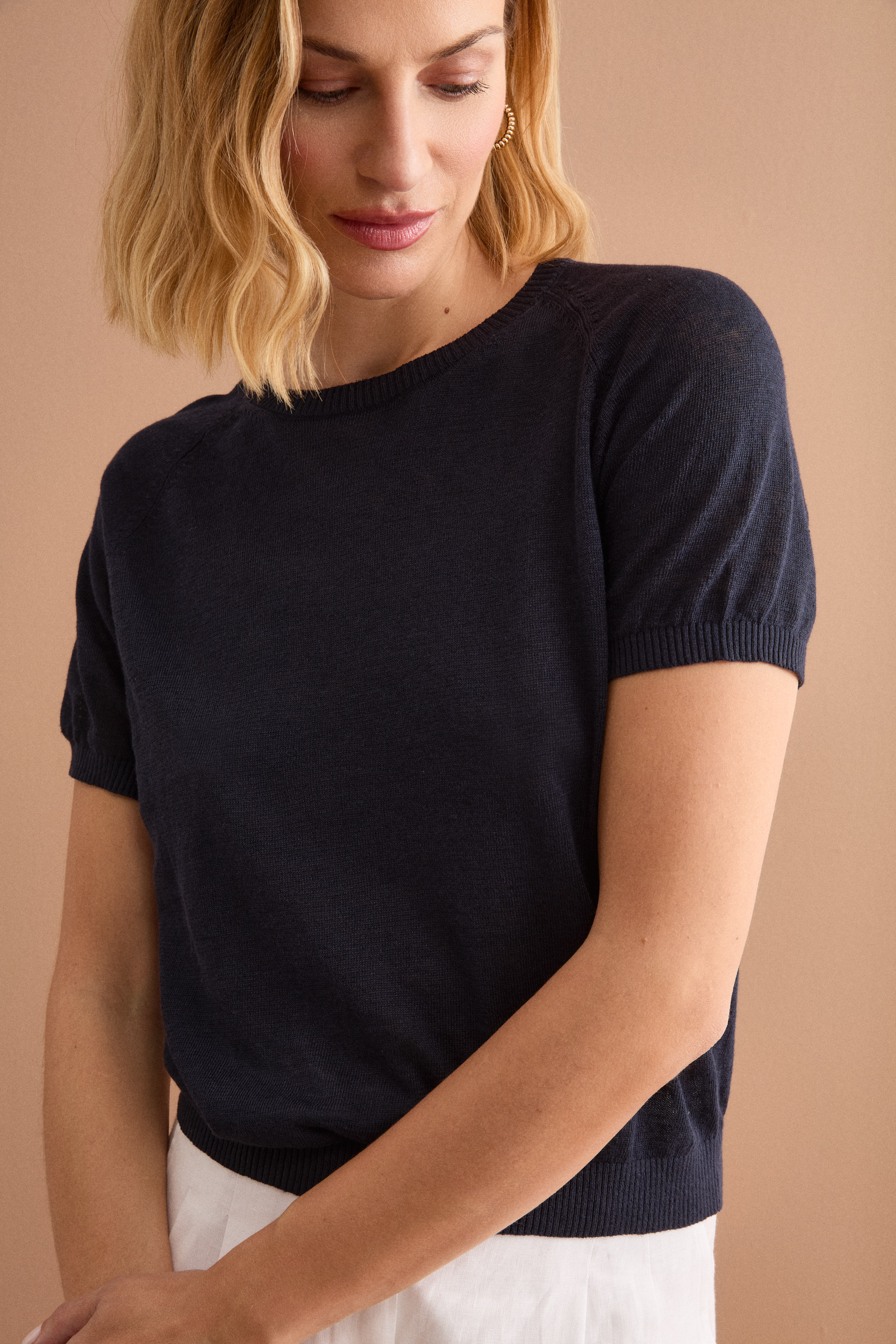 Cropped Boxy-Strickpullover aus Leinenmischung - BLAU