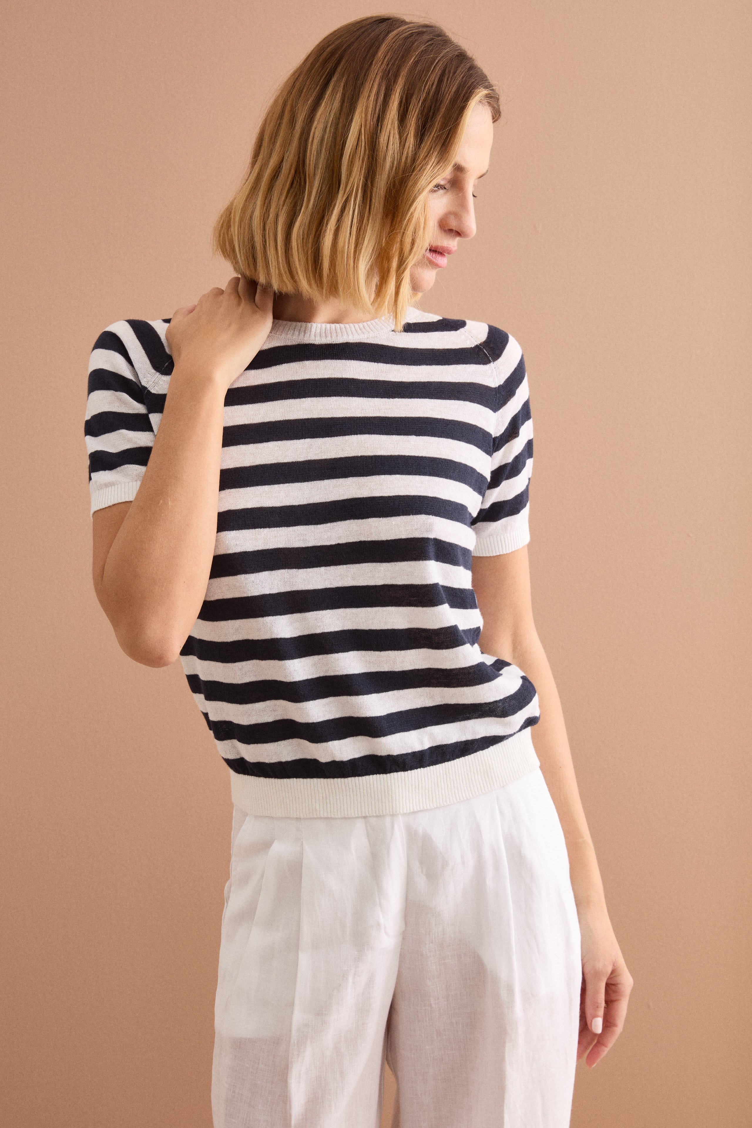 Cropped T-Shirt mit Streifen aus Leinen und Baumwolle - Weiß-Blau
