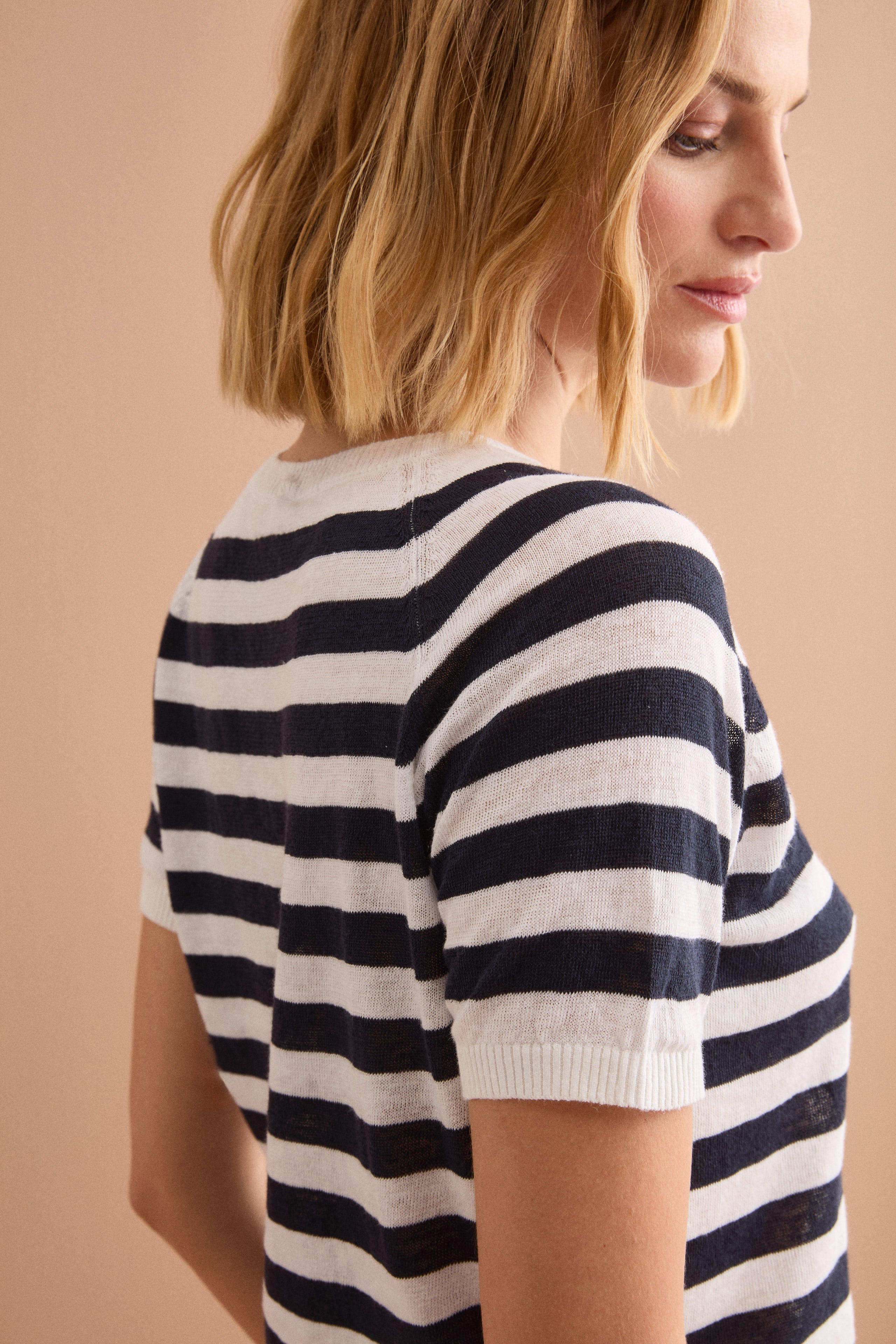 Cropped T-Shirt mit Streifen aus Leinen und Baumwolle - Weiß-Blau