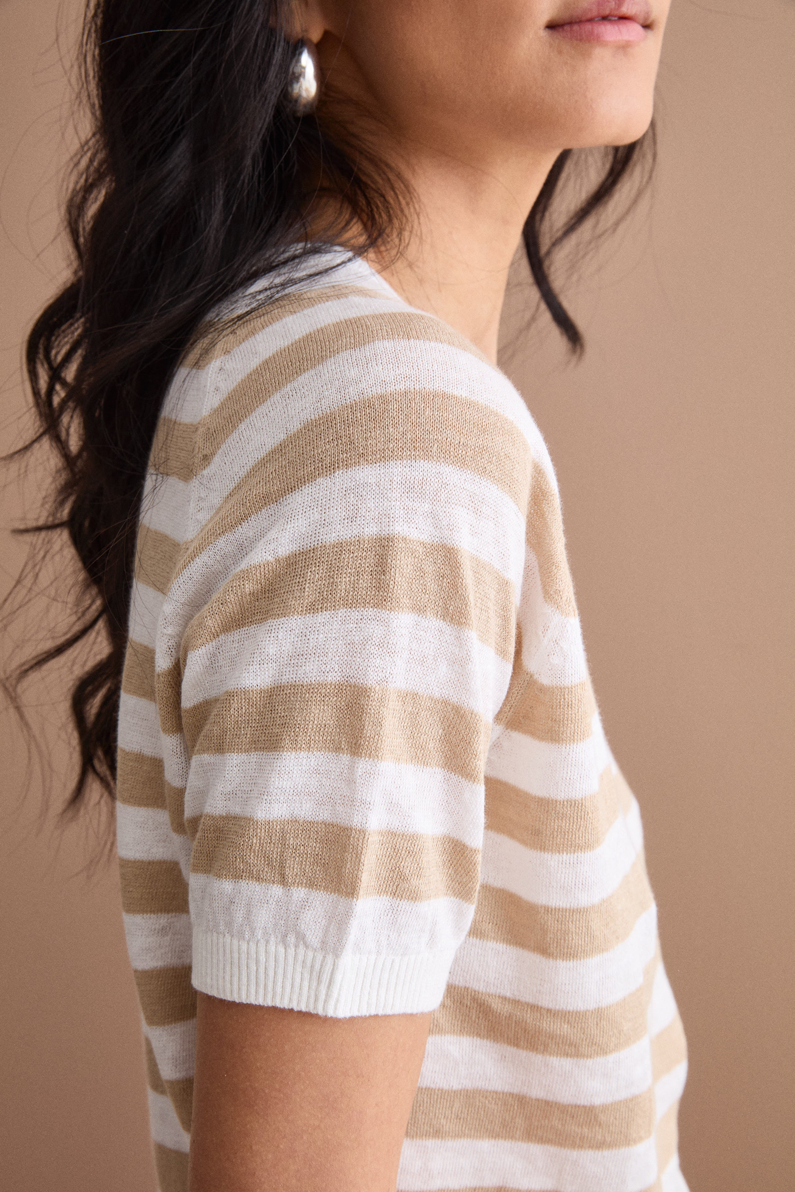 Cropped T-Shirt mit Streifen aus Leinen und Baumwolle - Weiß-Beige