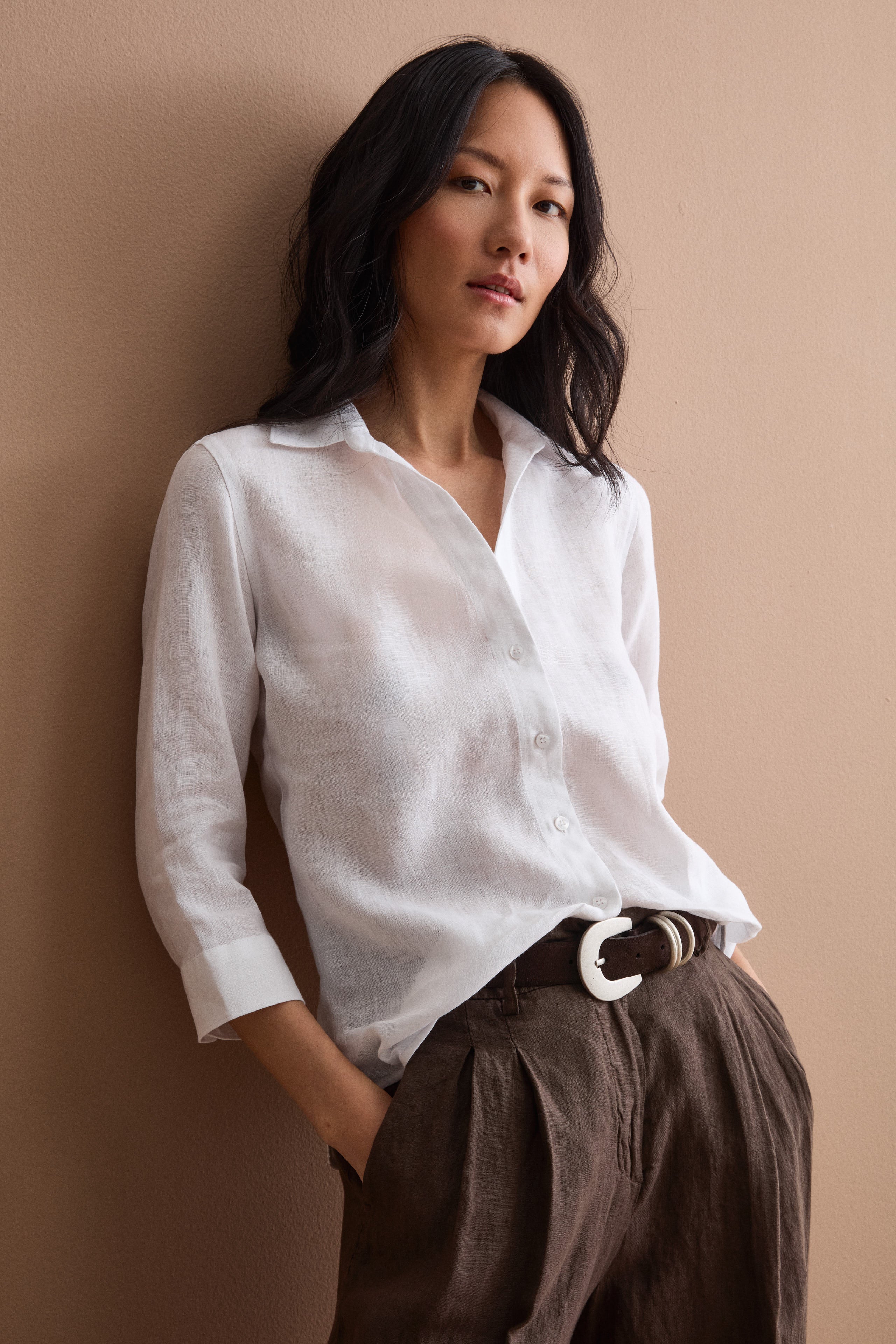 Oversized Linen Shirt with Open Neckline - WHITE