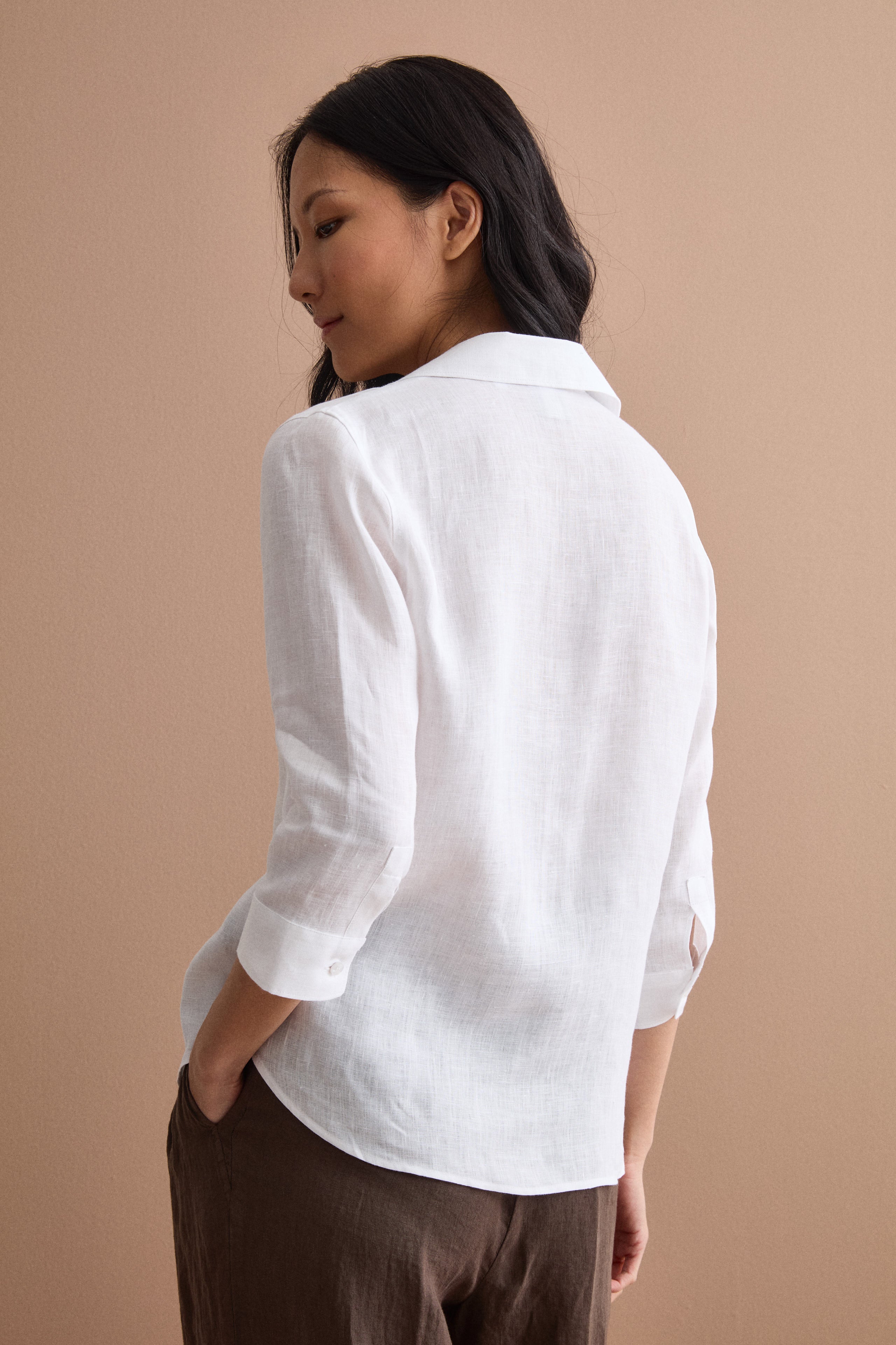 Oversized Linen Shirt with Open Neckline - WHITE