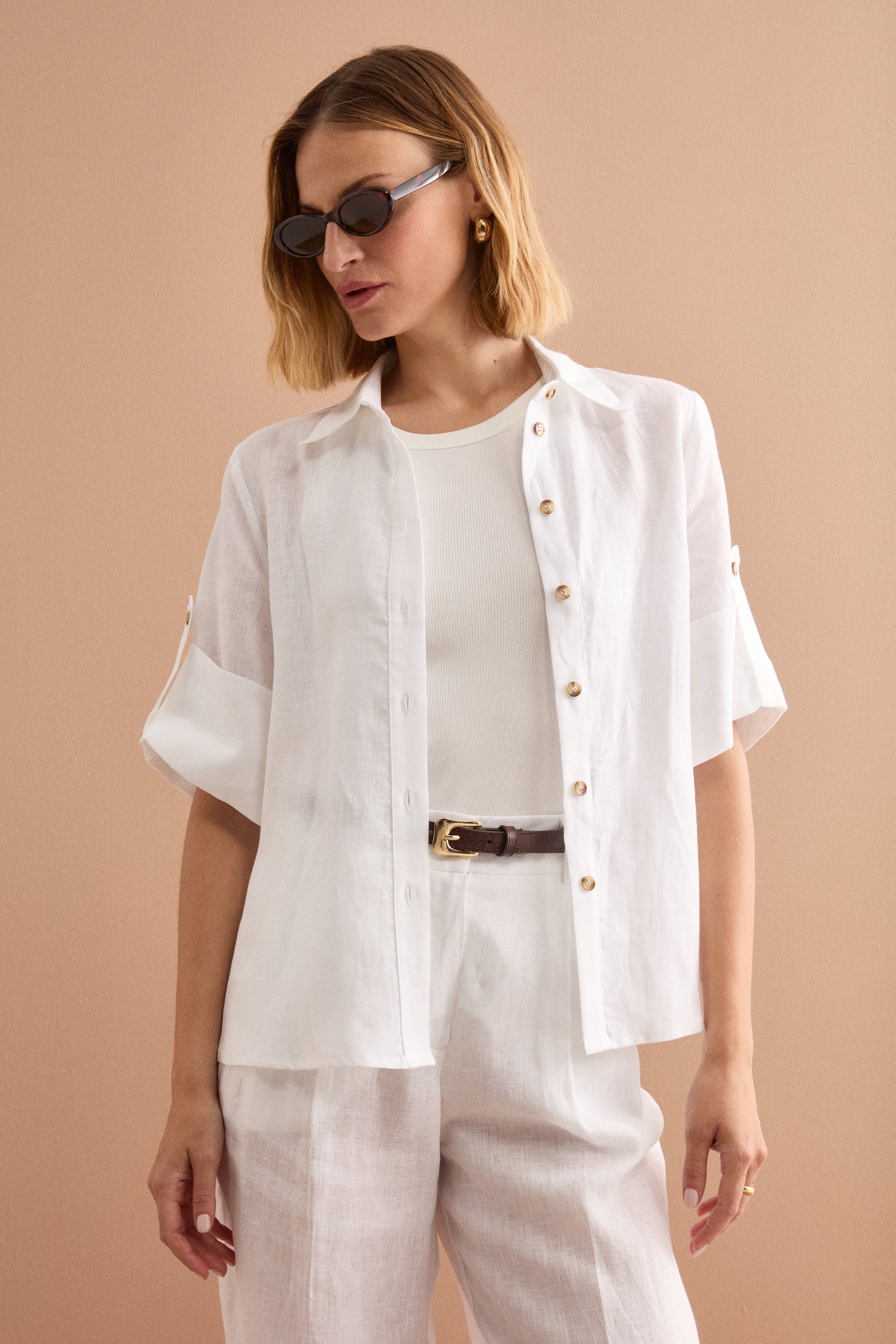 Oversized Cropped Linen Shirt - WHITE