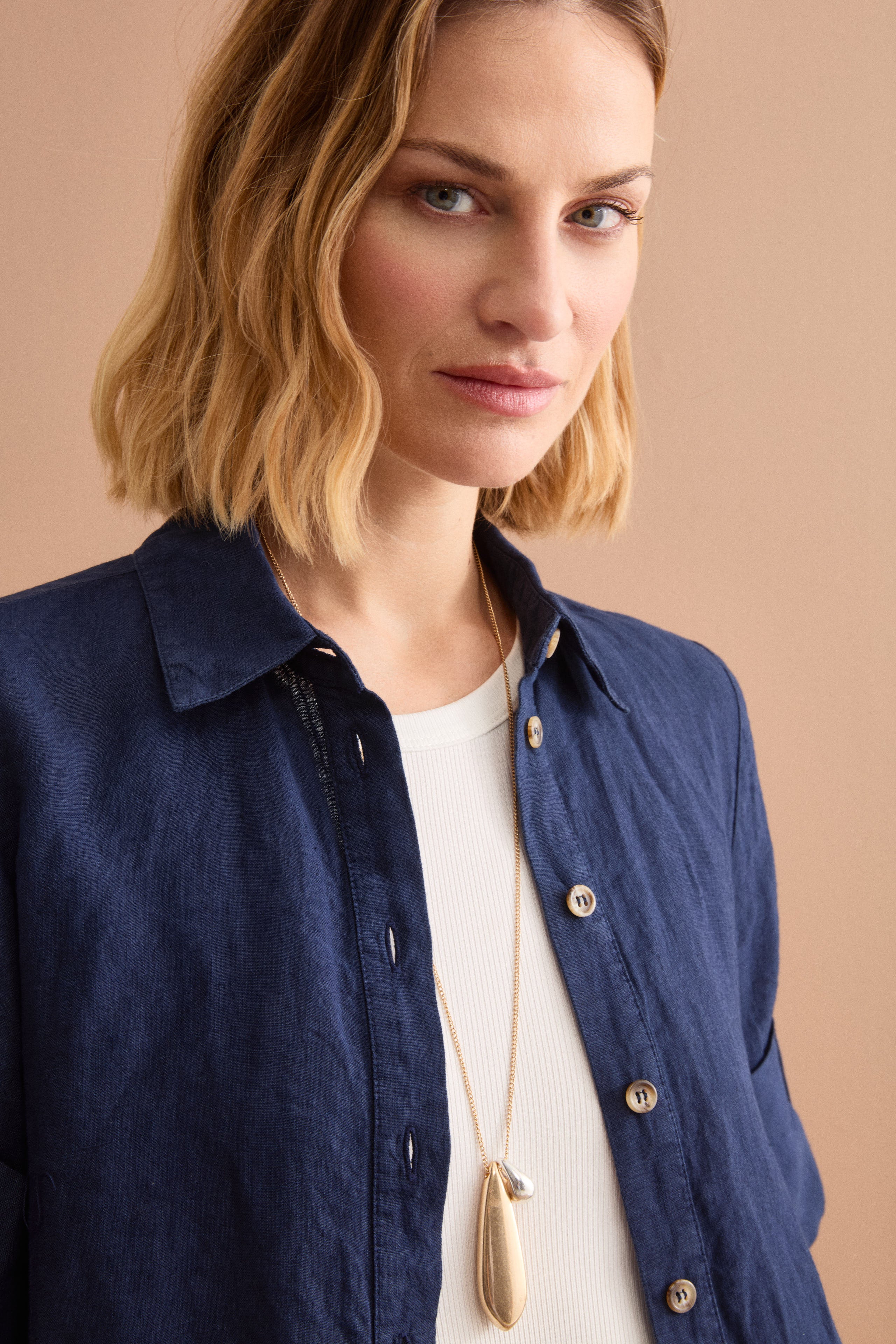 Chemise Oversize Cropped en Lin - Bleu marine