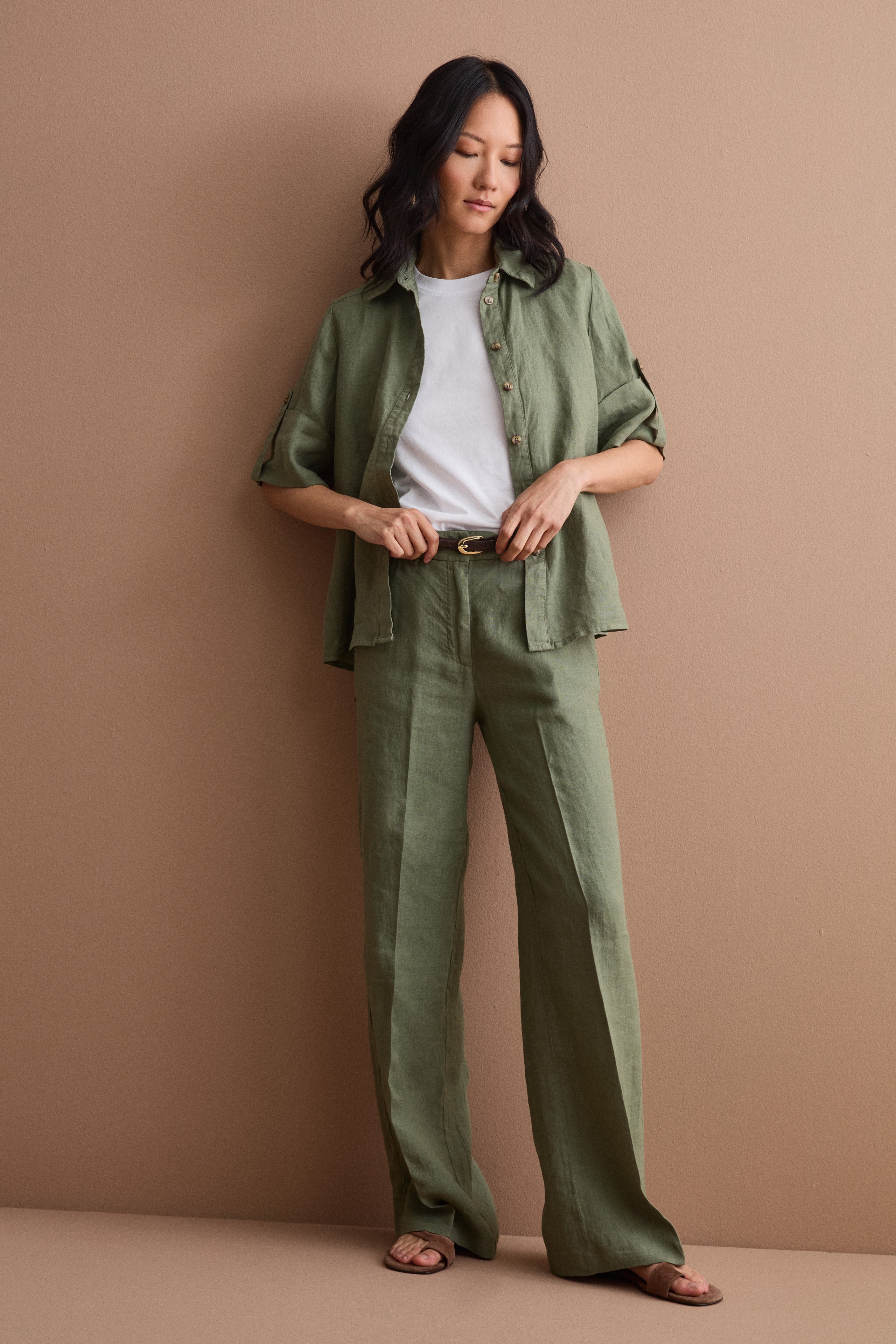 Camicia Over Cropped in Lino - VERDE MILITARE