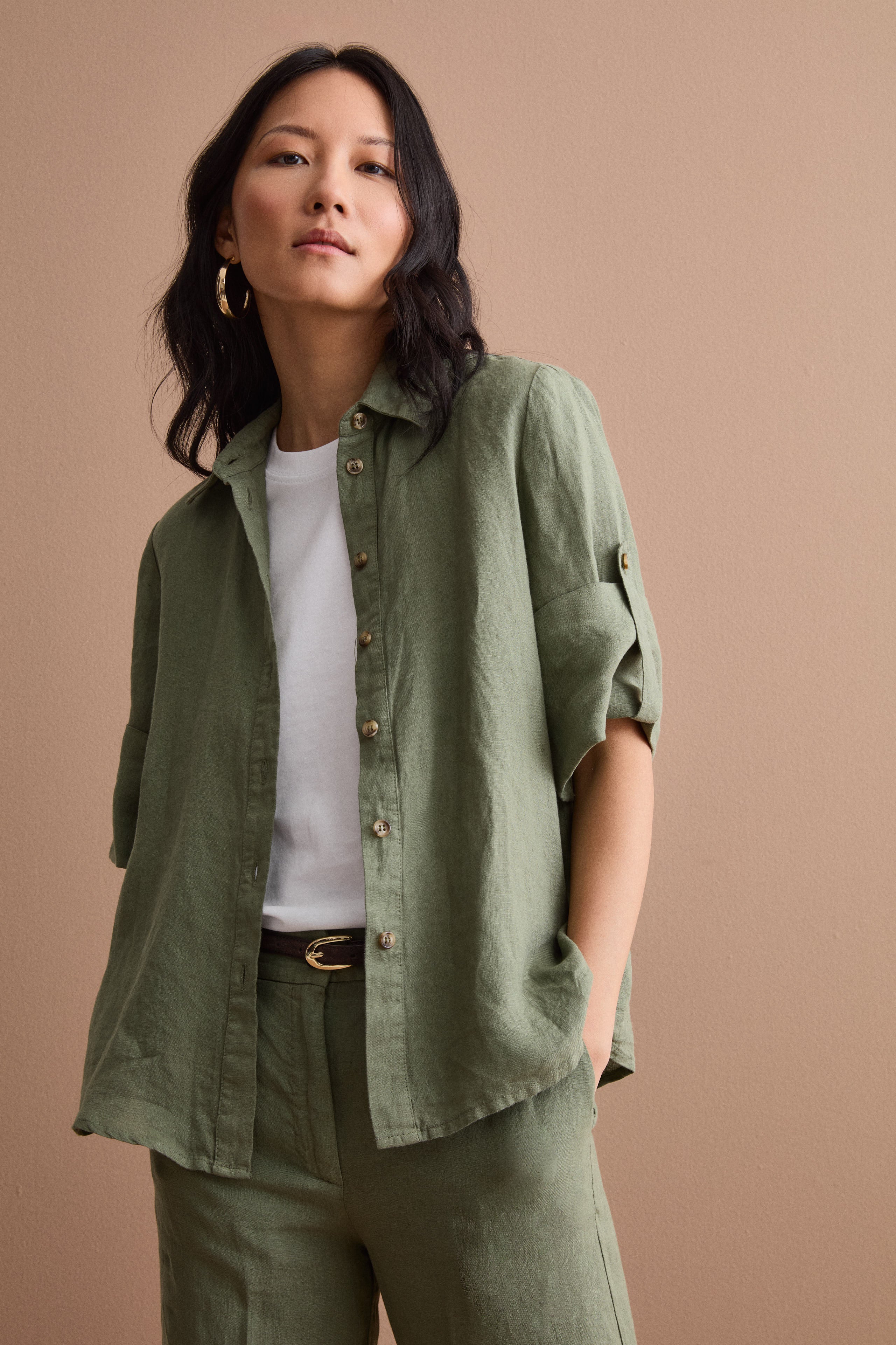Camicia Over Cropped in Lino - VERDE MILITARE