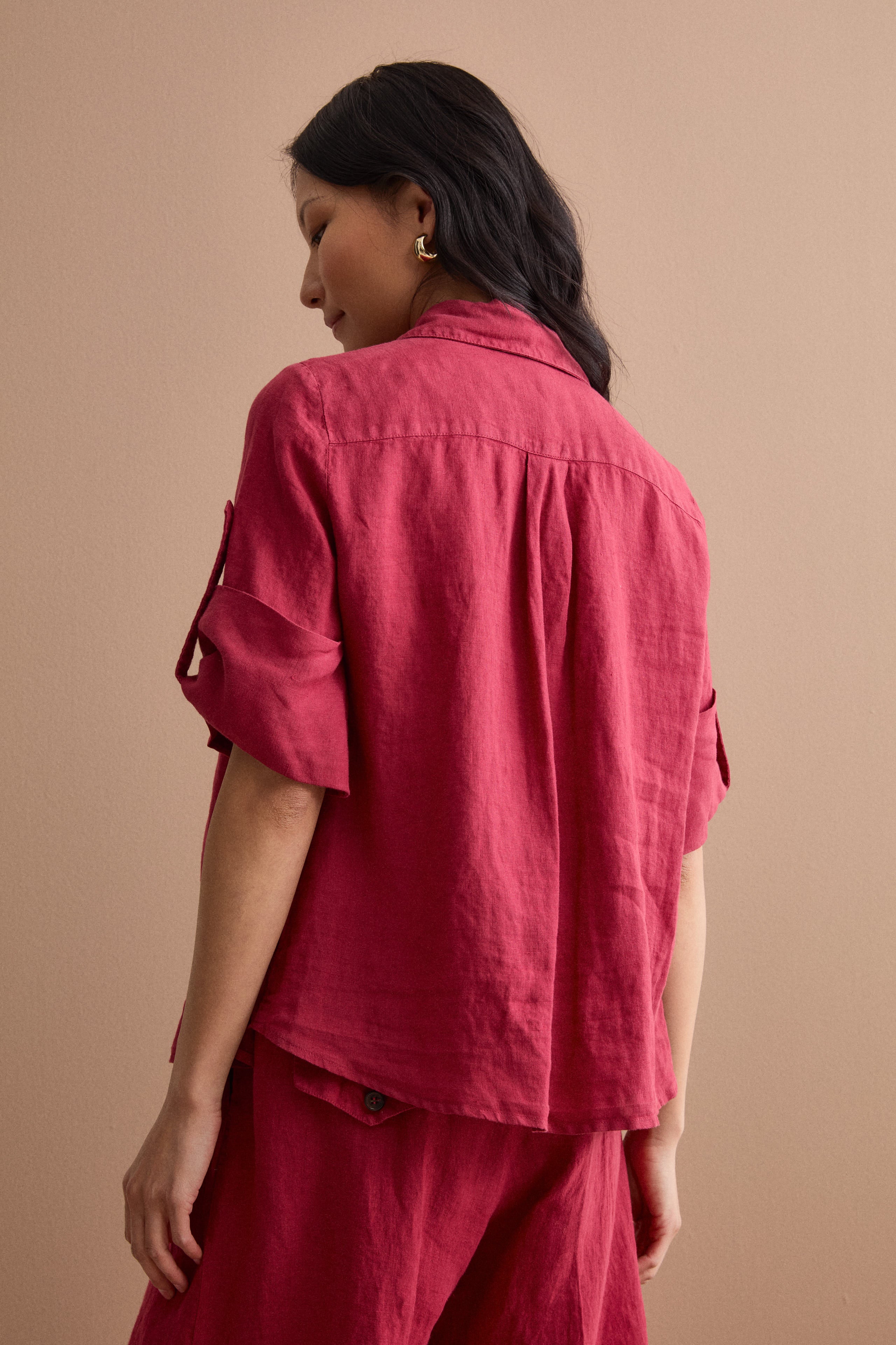 Camicia Over Cropped in Lino - BORDEAUX