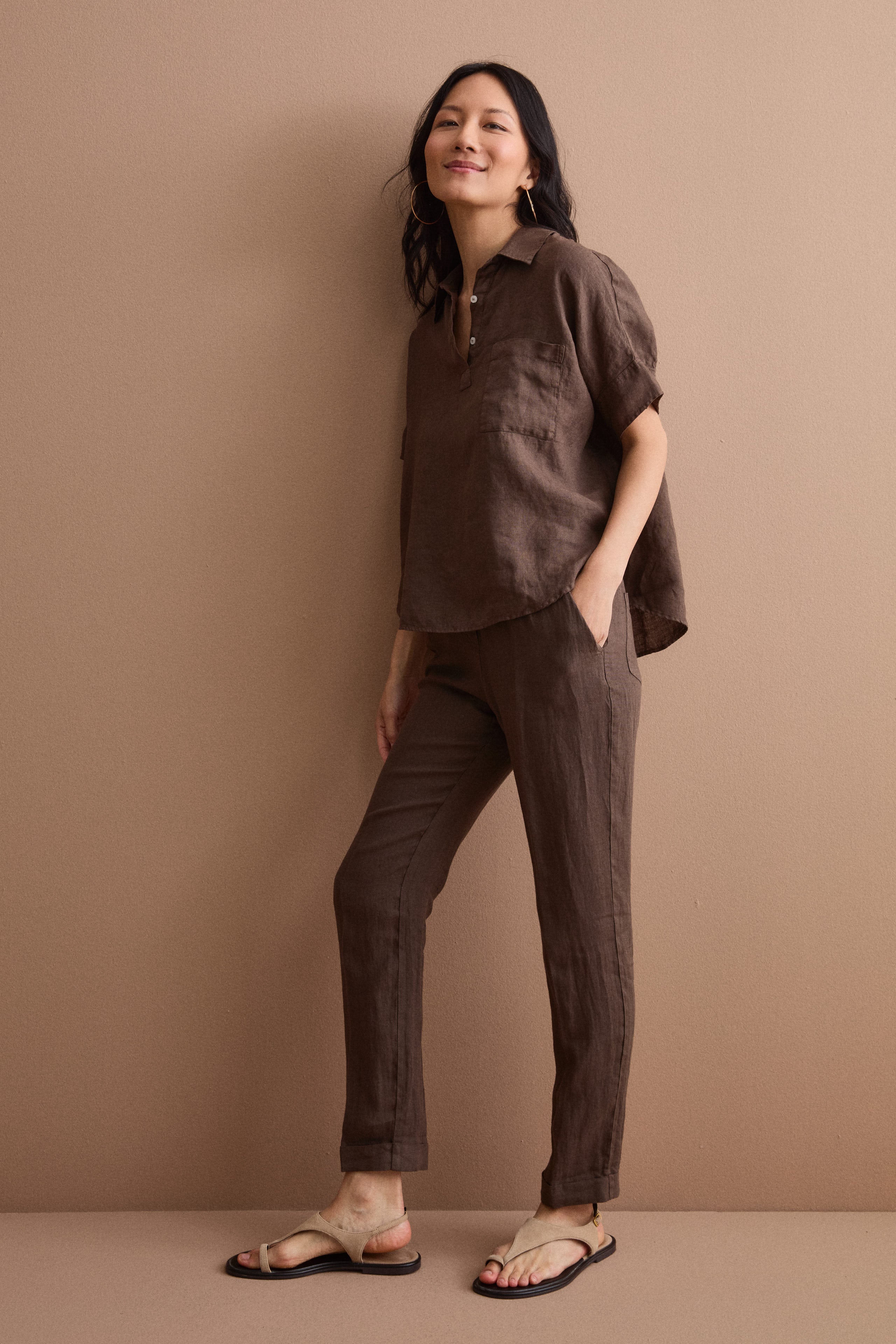 Polo oversize en lin avec poche poitrine - Marron foncé