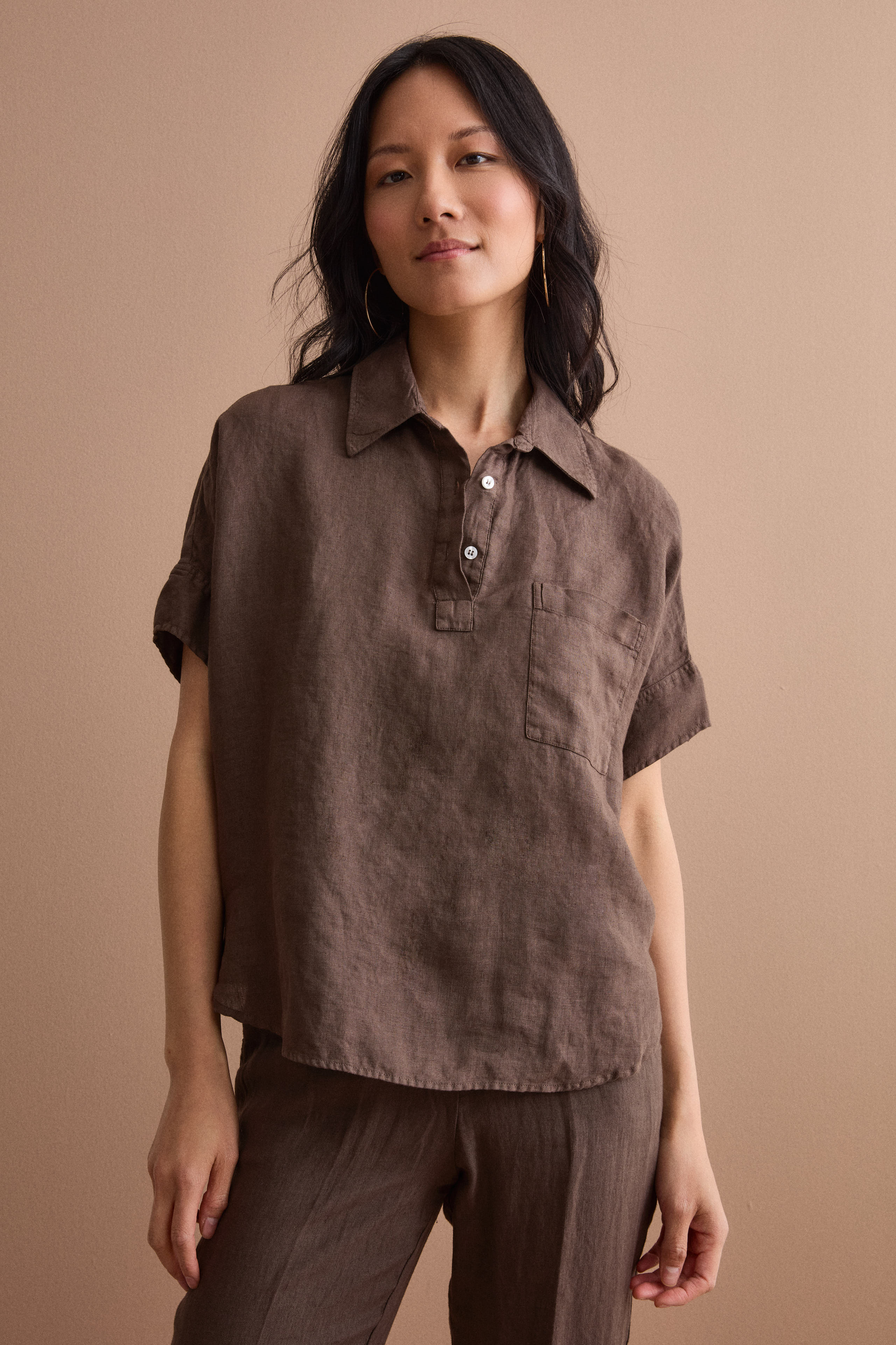 Polo oversize en lin avec poche poitrine - Marron foncé