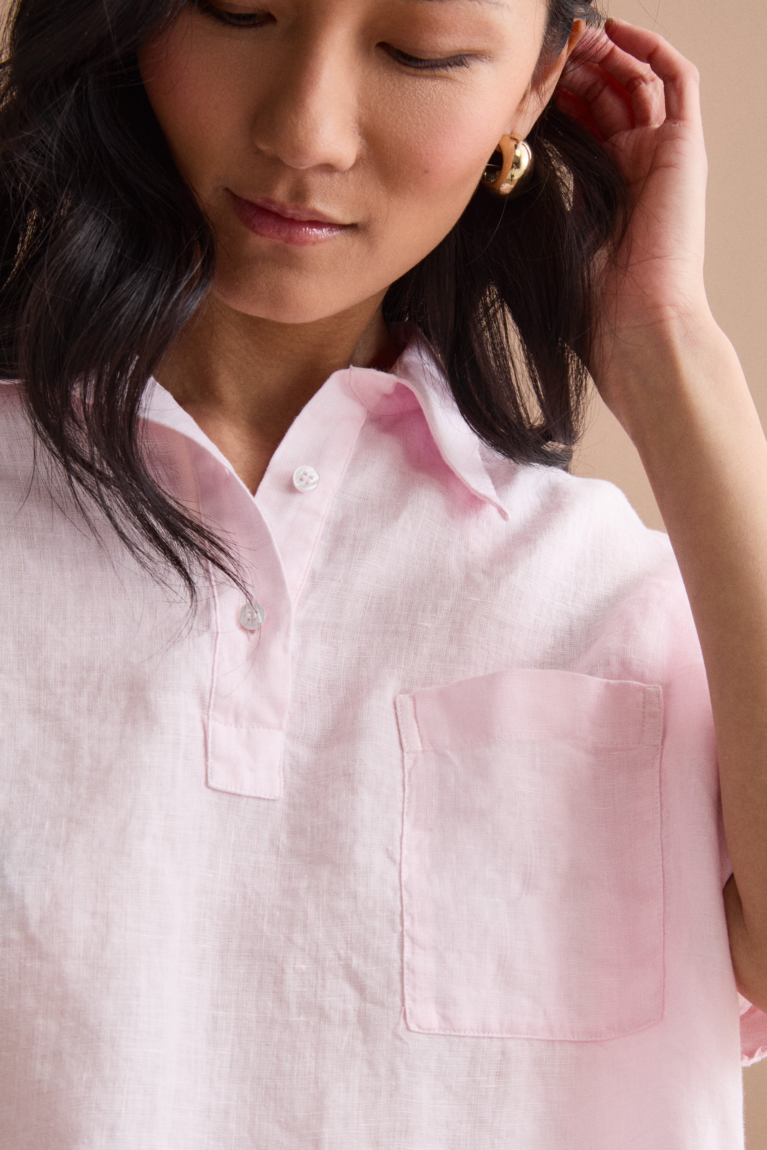 Polo oversize en lin avec poche poitrine - Rose