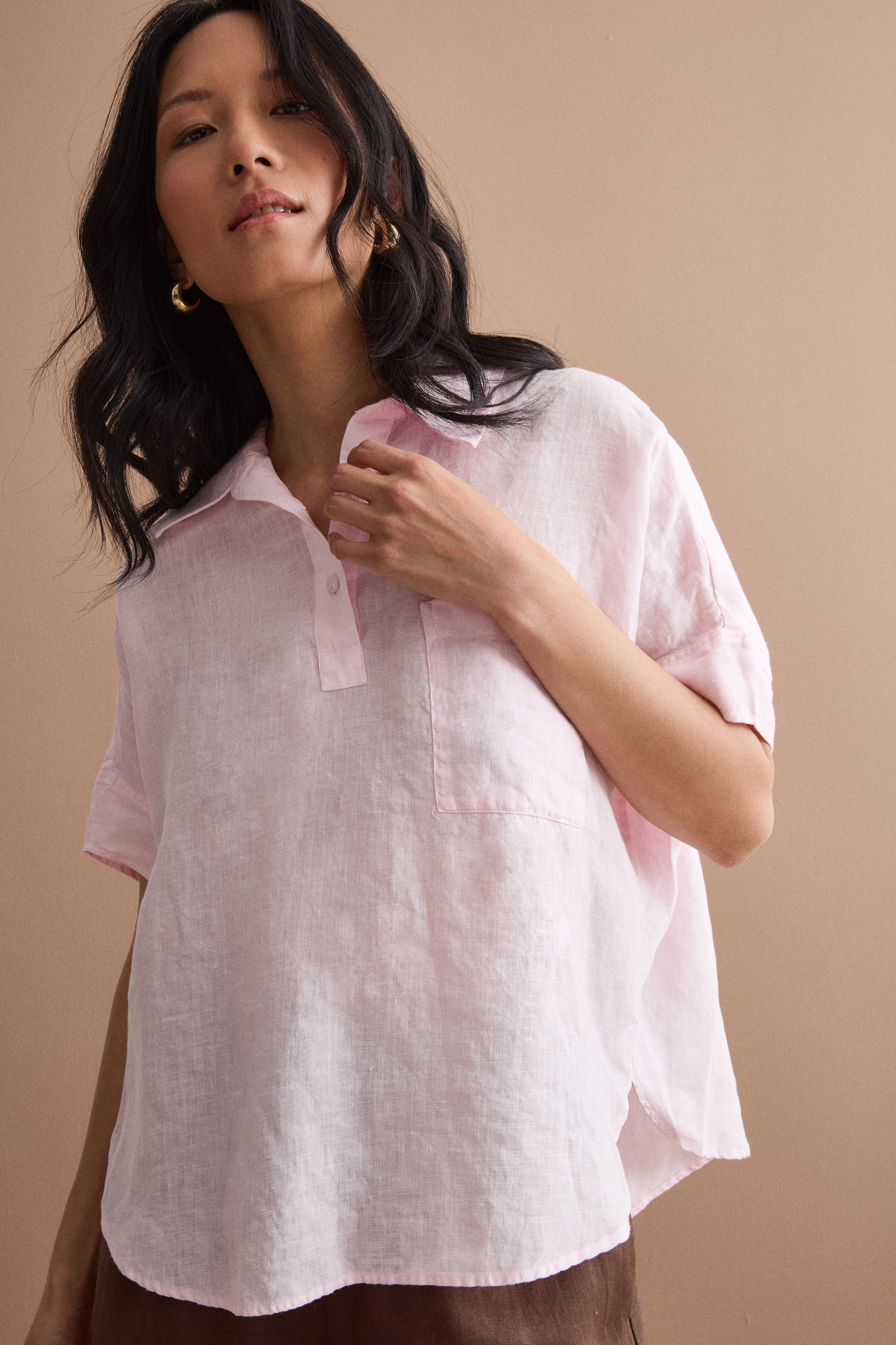 Polo oversize en lin avec poche poitrine - Rose