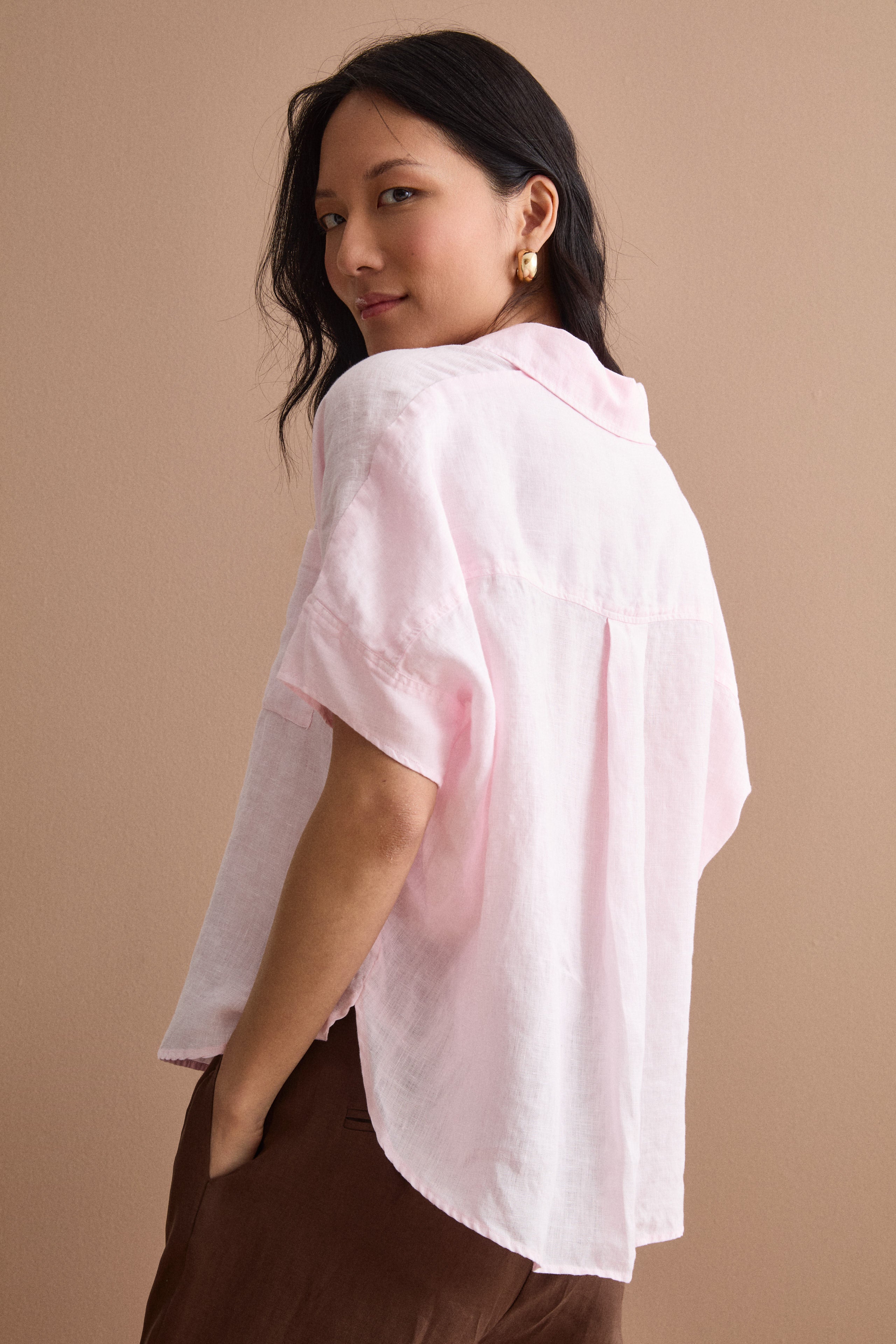 Polo oversize en lin avec poche poitrine - Rose