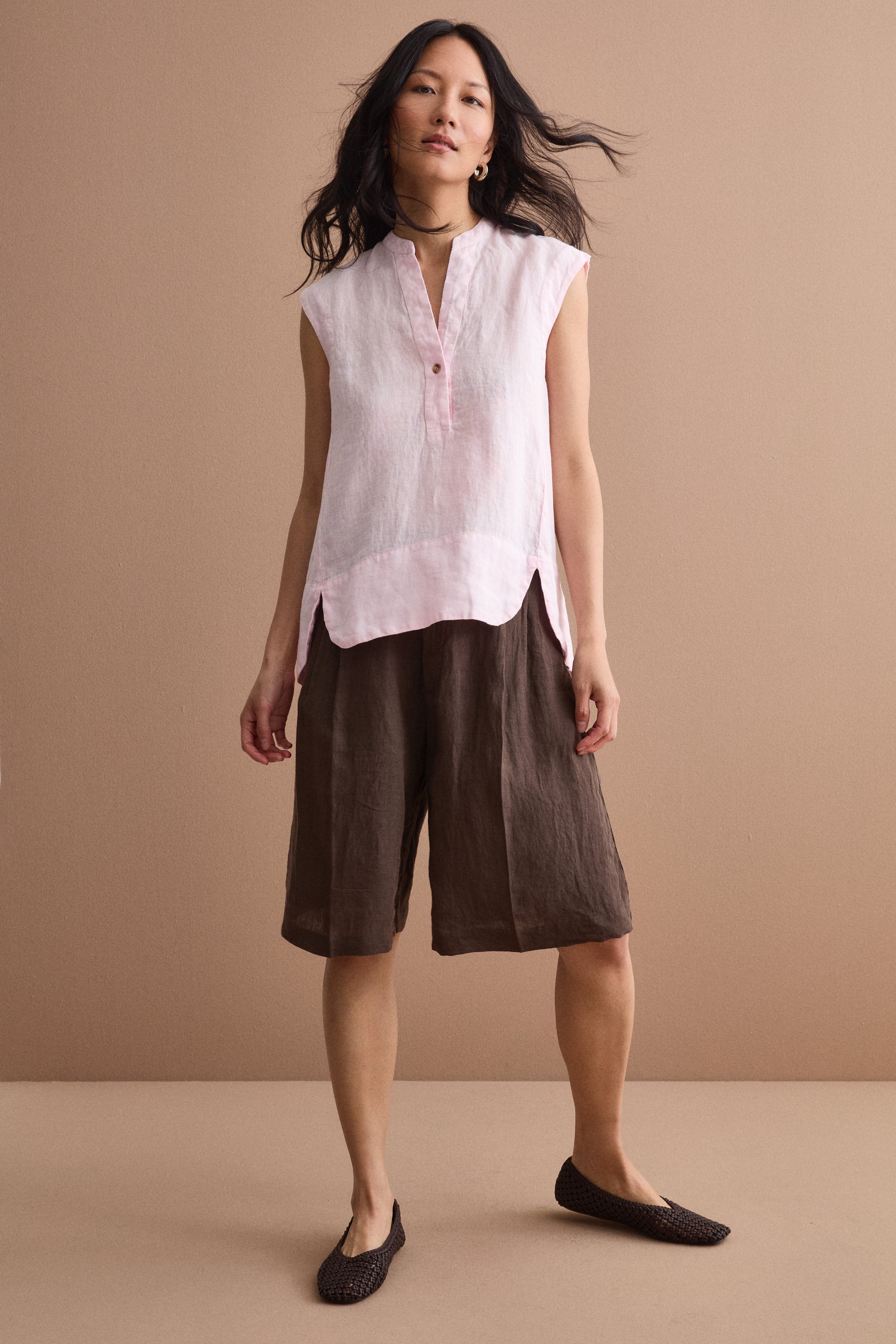 Top Sans Manches en Lin avec Col V - Rose