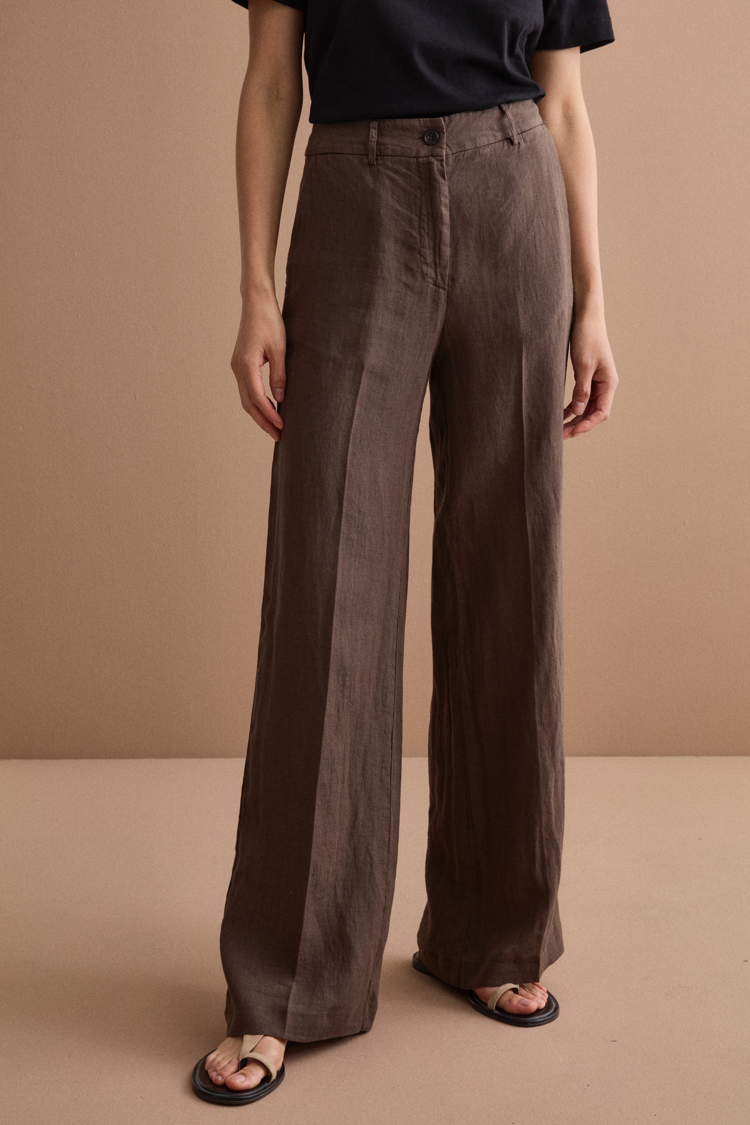 Wide-Leg Linen Trousers - Dark brown