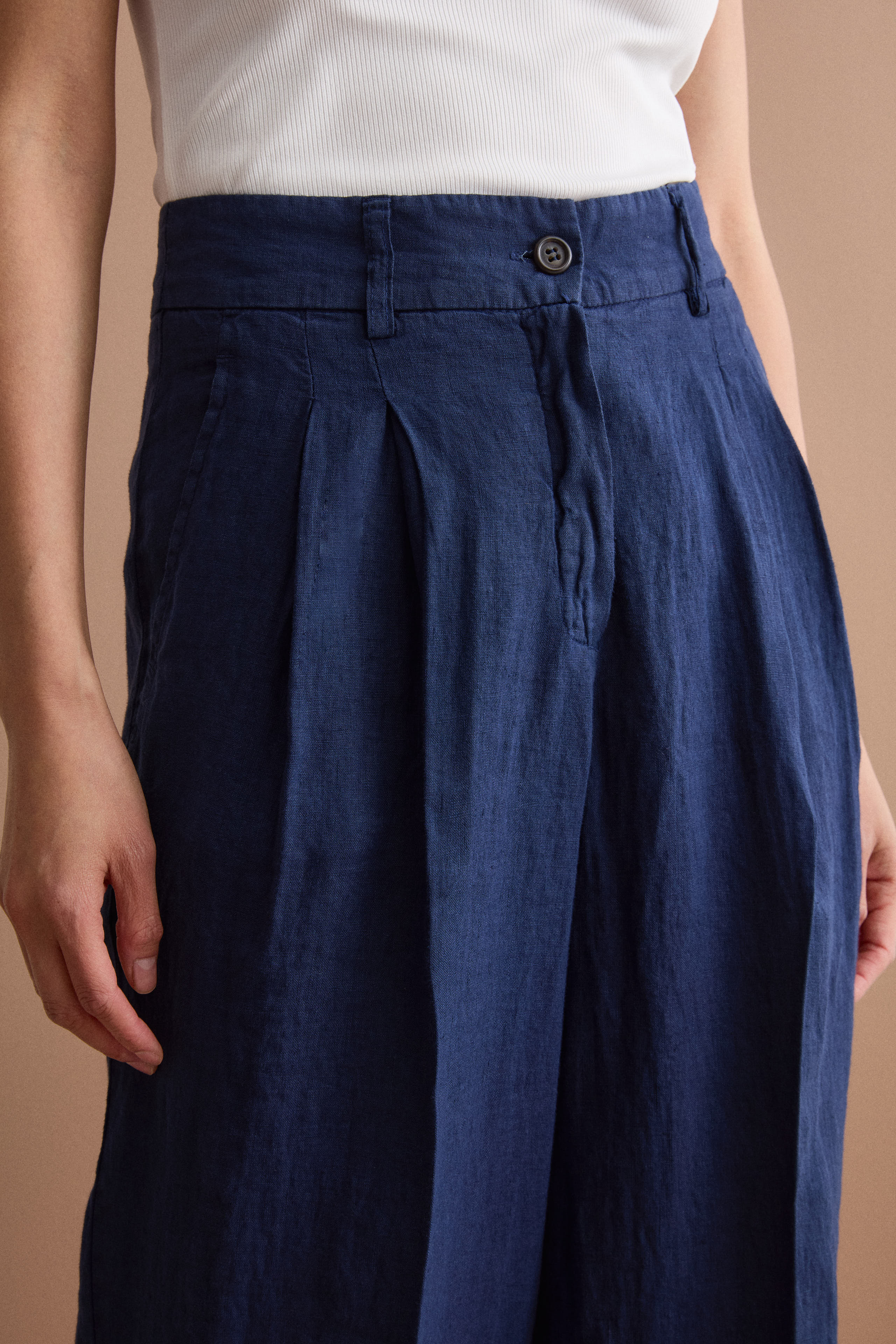 Wide-Leg Linen Trousers with Pleats - Navy blue