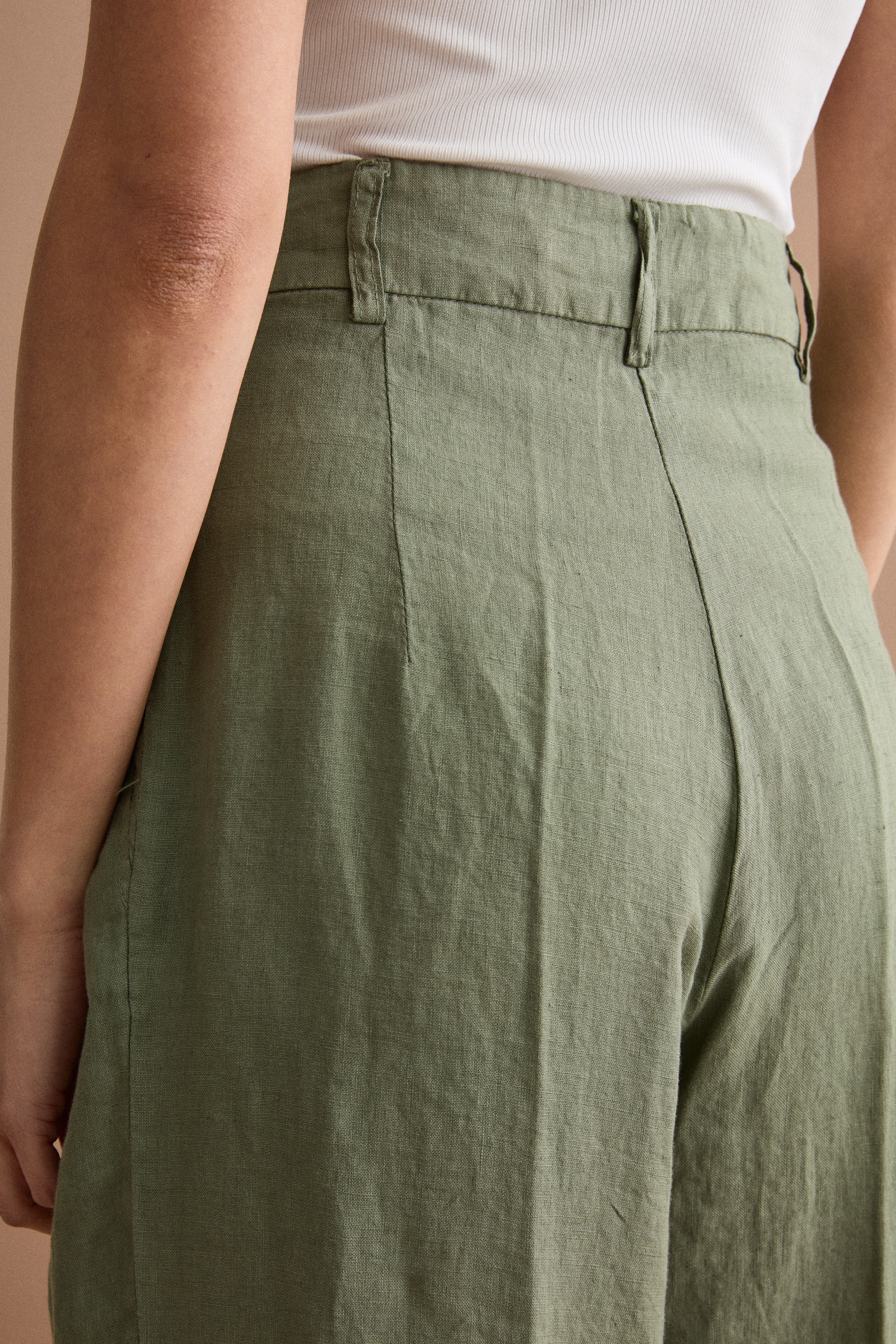 Wide-Leg Linen Trousers with Pleats - Military green