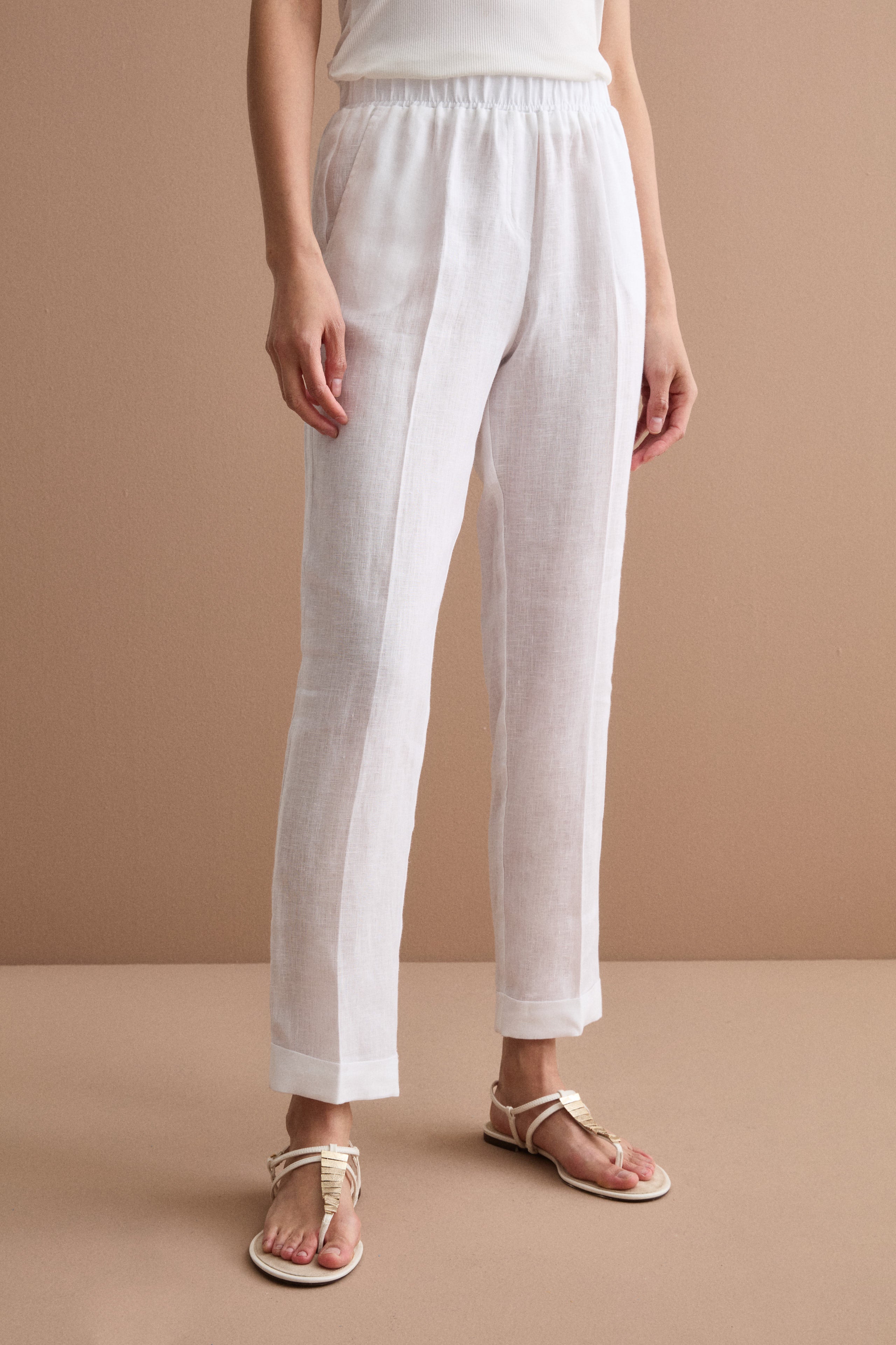 Cigarette-Leg Linen Trousers with Turn-Up Hem - WHITE