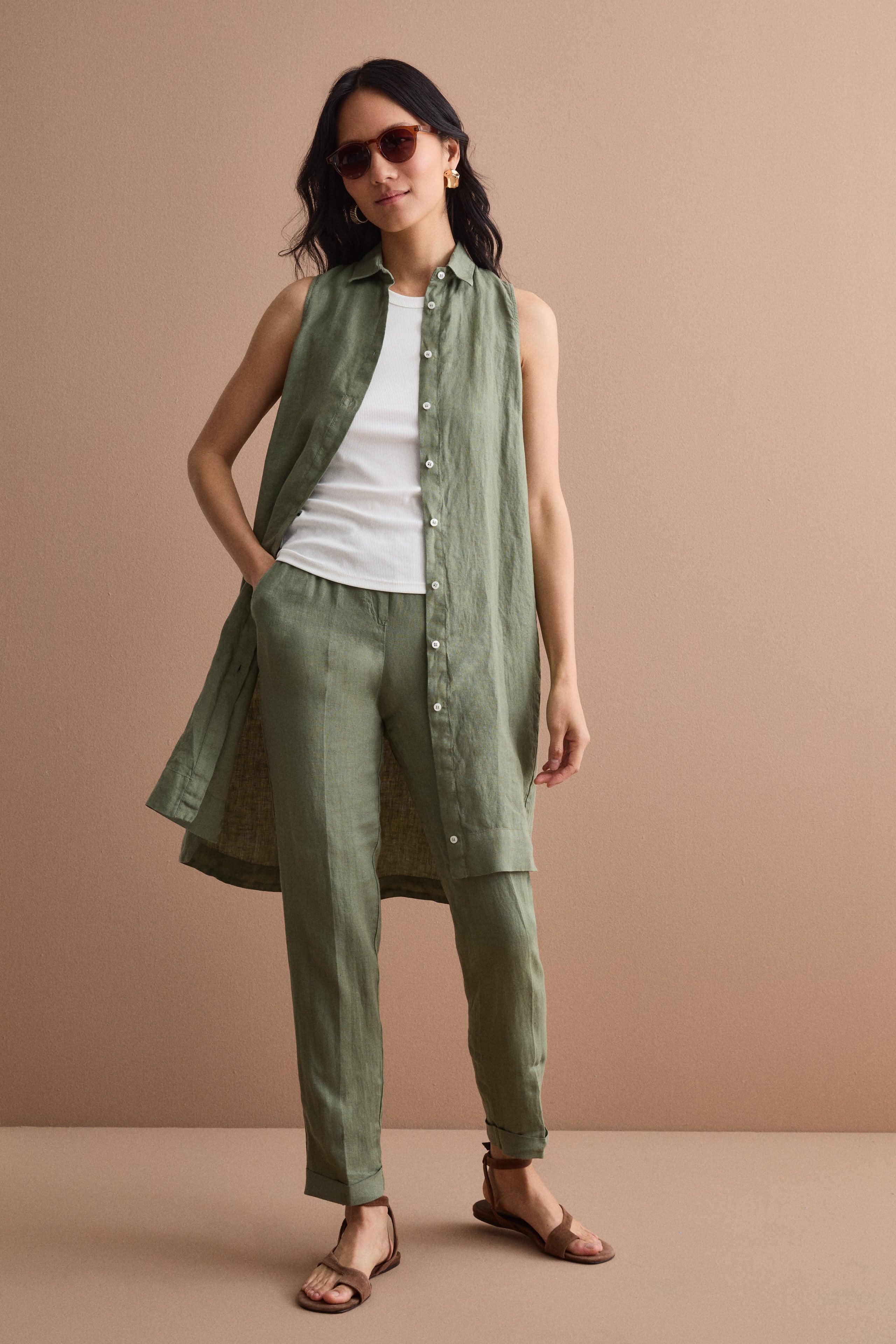 Cigarette-Leg Linen Trousers with Turn-Up Hem - Military green