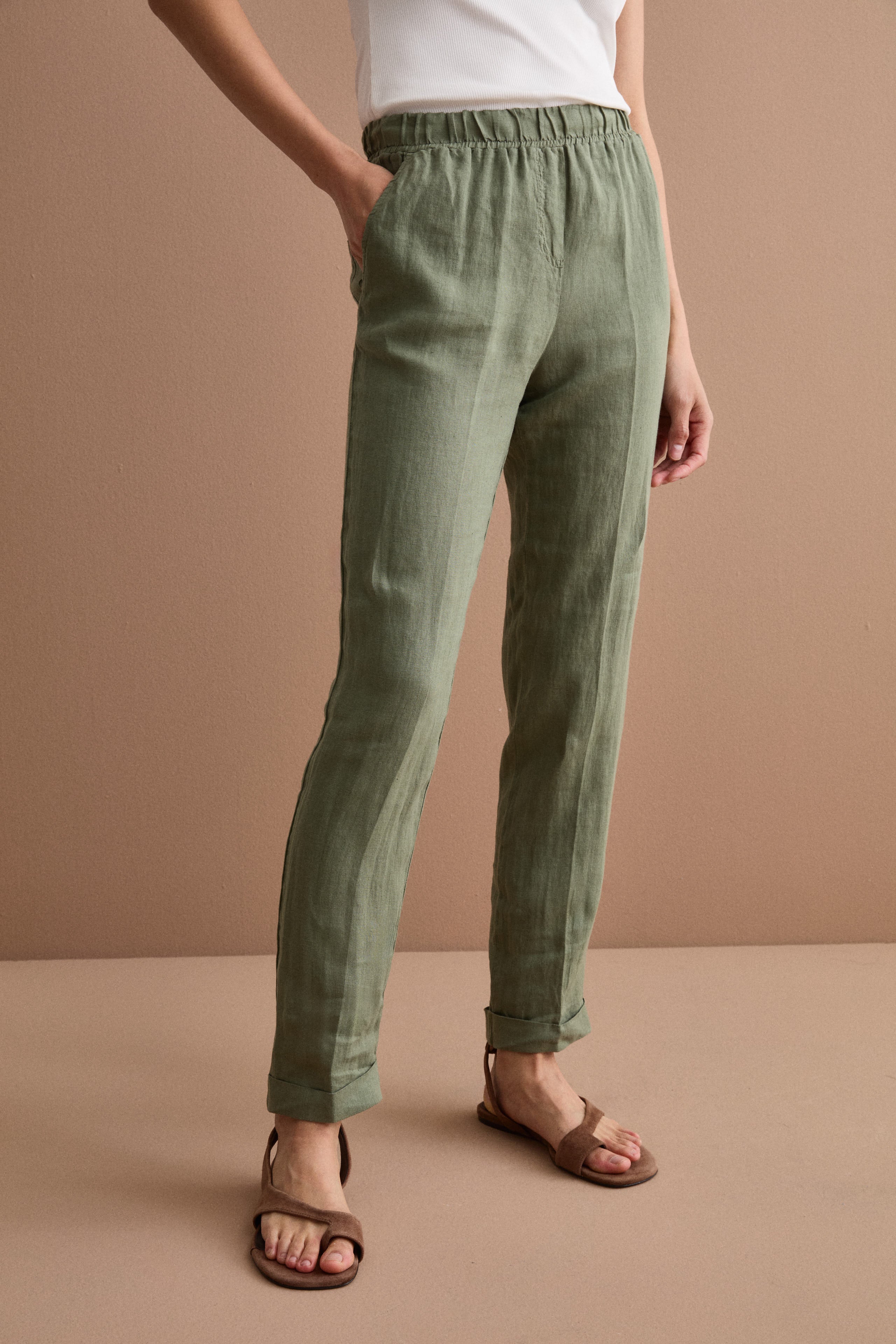 Cigarette-Leg Linen Trousers with Turn-Up Hem - Military green