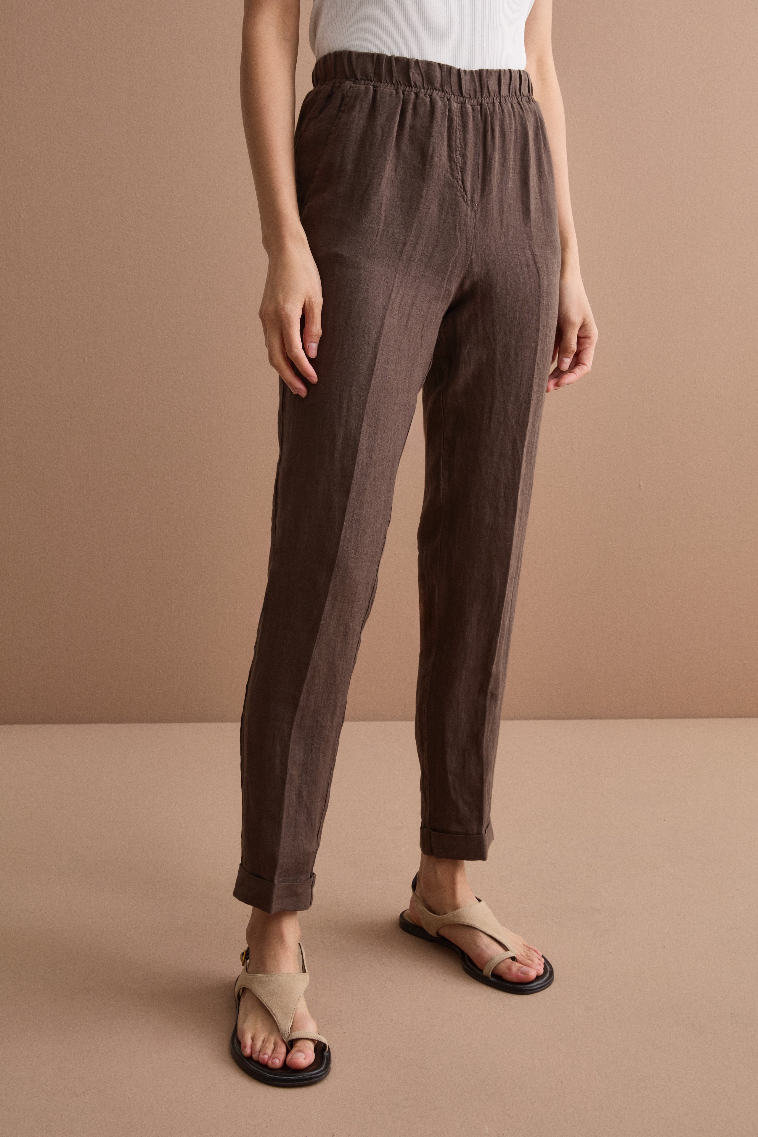 Cigarette-Leg Linen Trousers with Turn-Up Hem - Dark brown