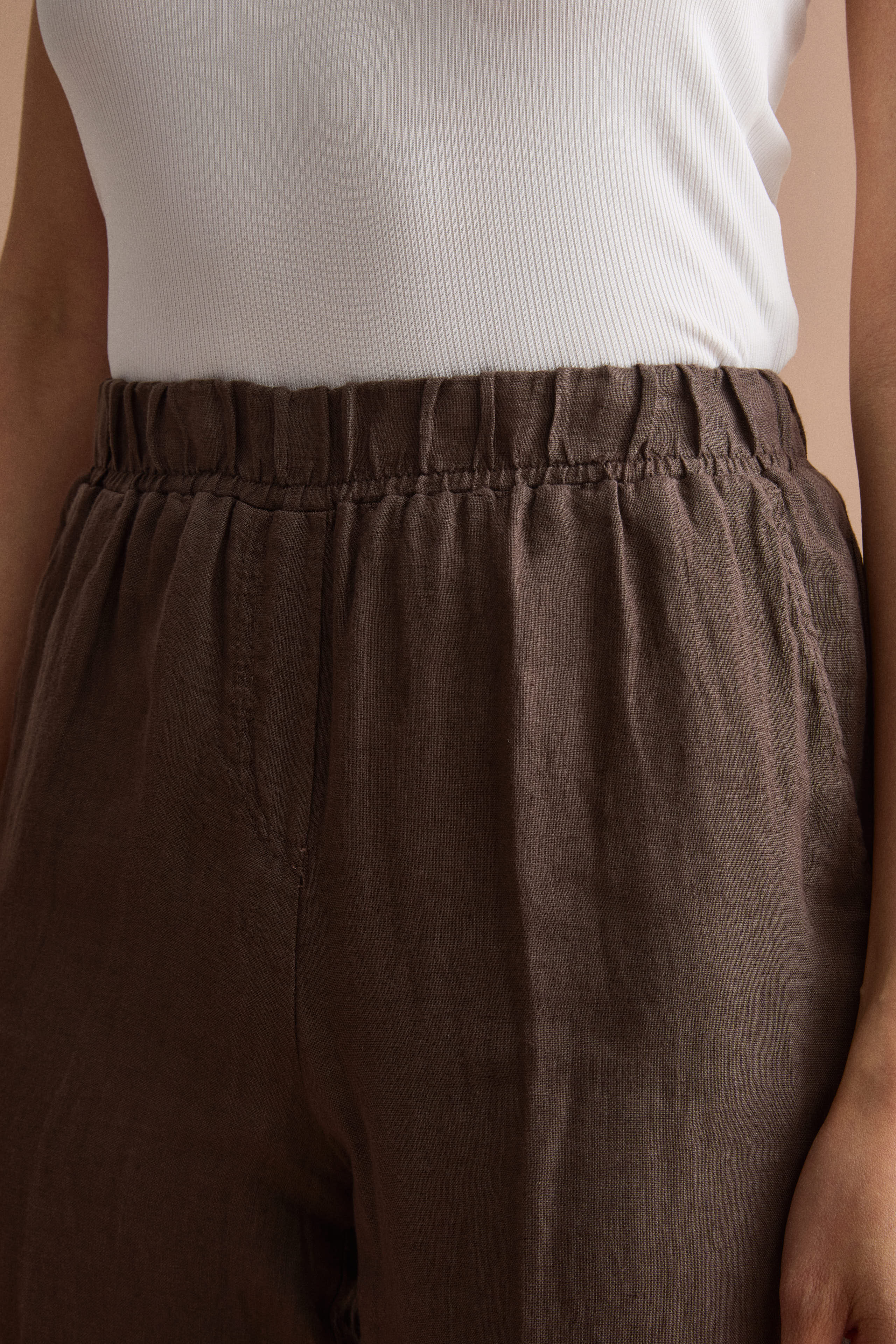 Cigarette-Leg Linen Trousers with Turn-Up Hem - Dark brown