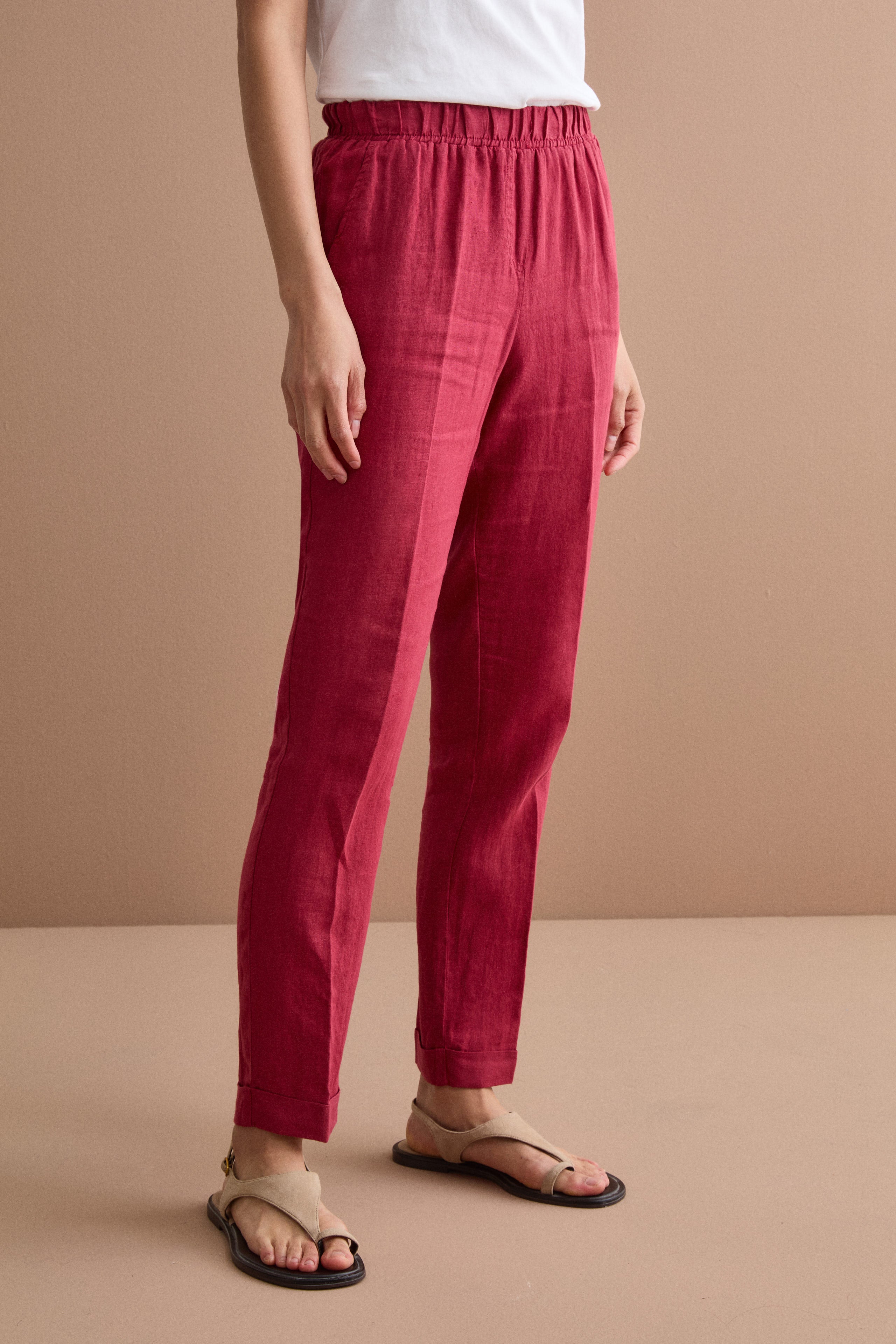 Cigarette-Leg Linen Trousers with Turn-Up Hem - Burgundy