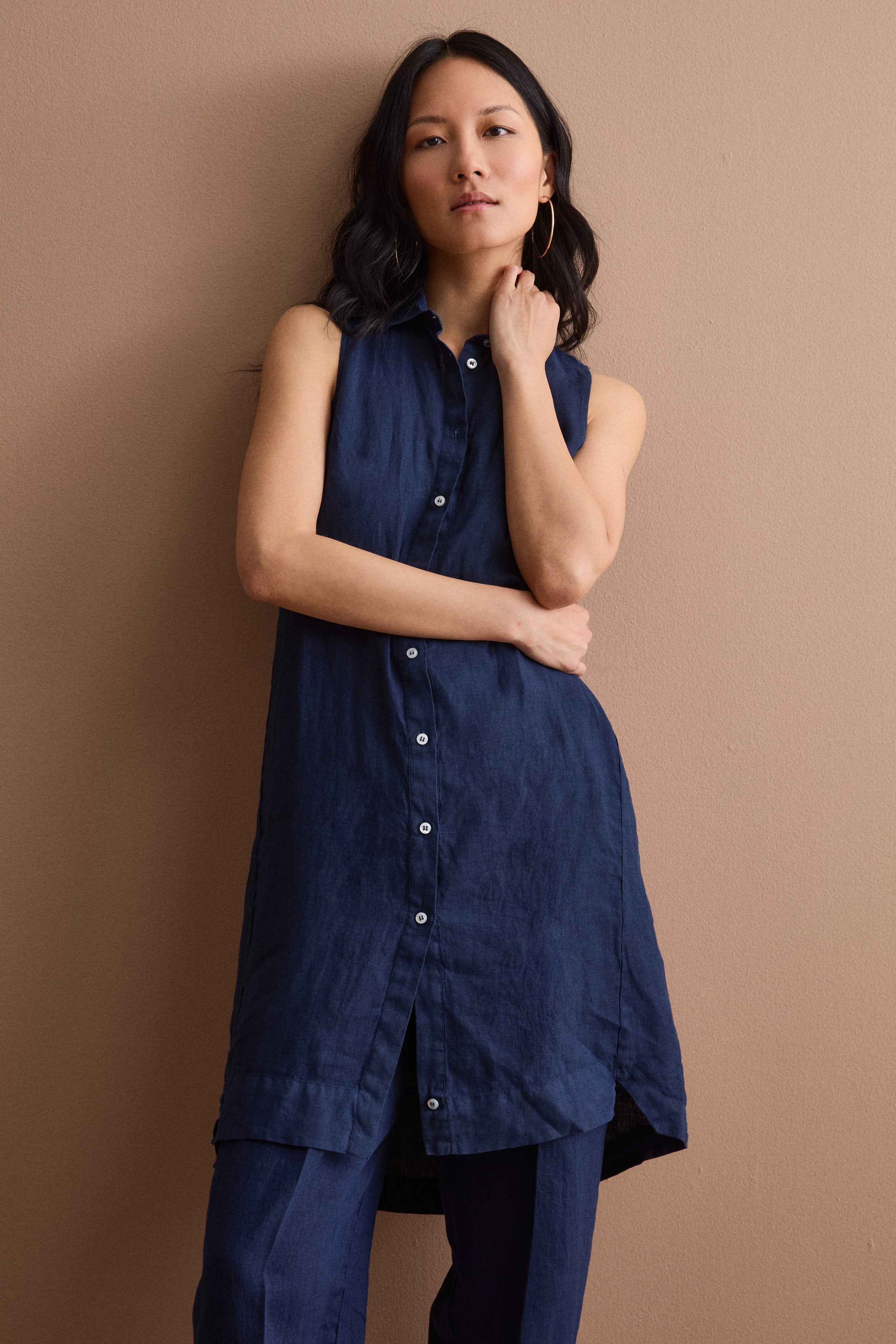 Sleeveless Midi Shirt Dress in Linen