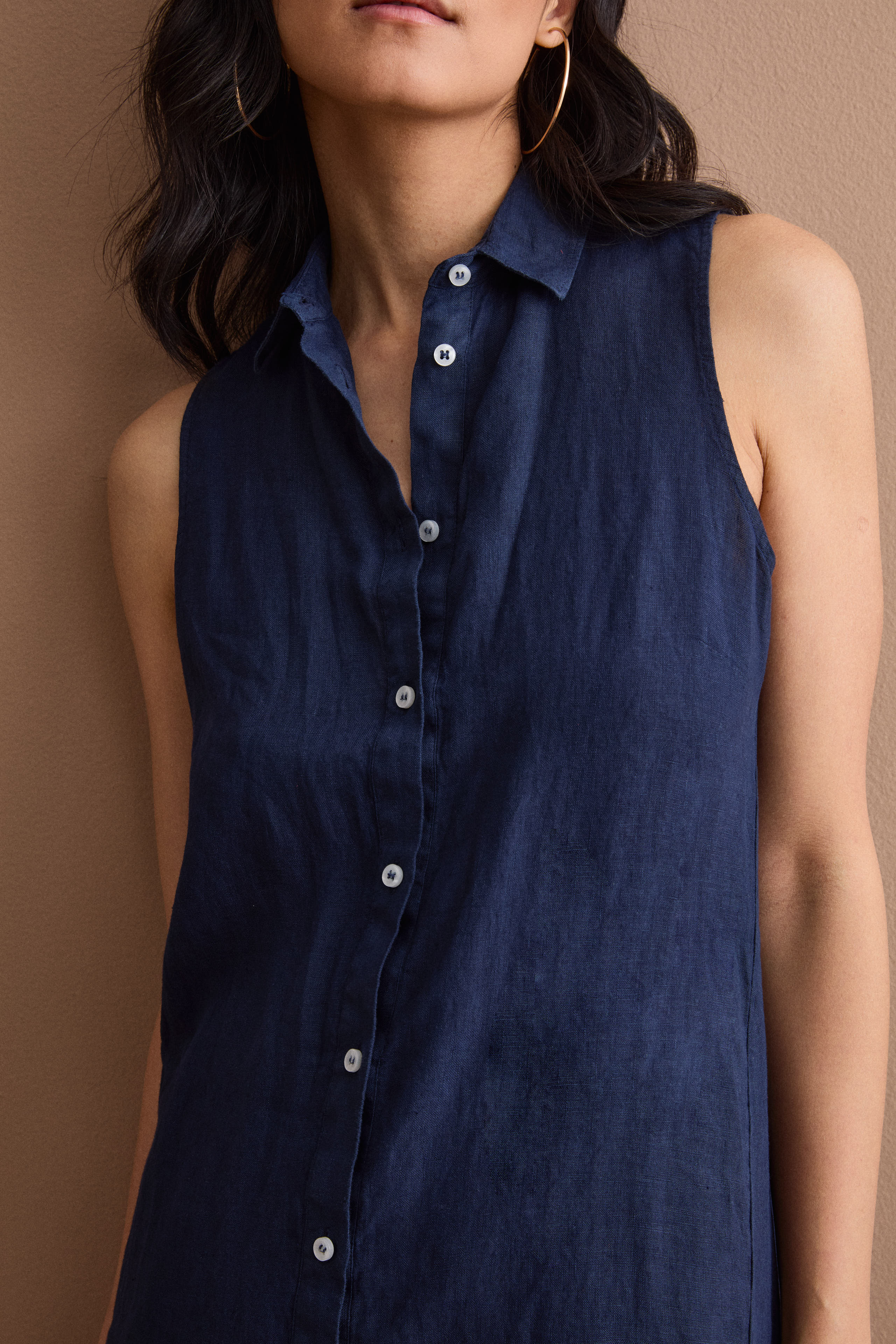 Sleeveless Midi Shirt Dress in Linen - Navy blue