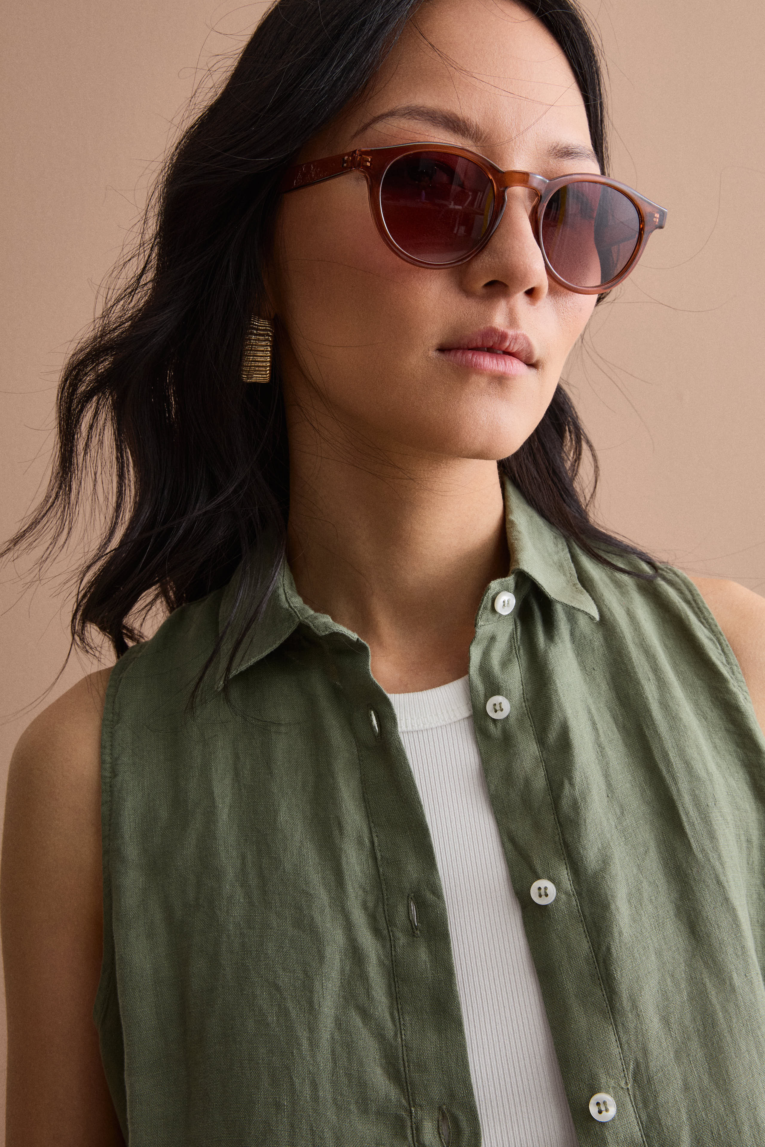 Sleeveless Midi Shirt Dress in Linen - Military green