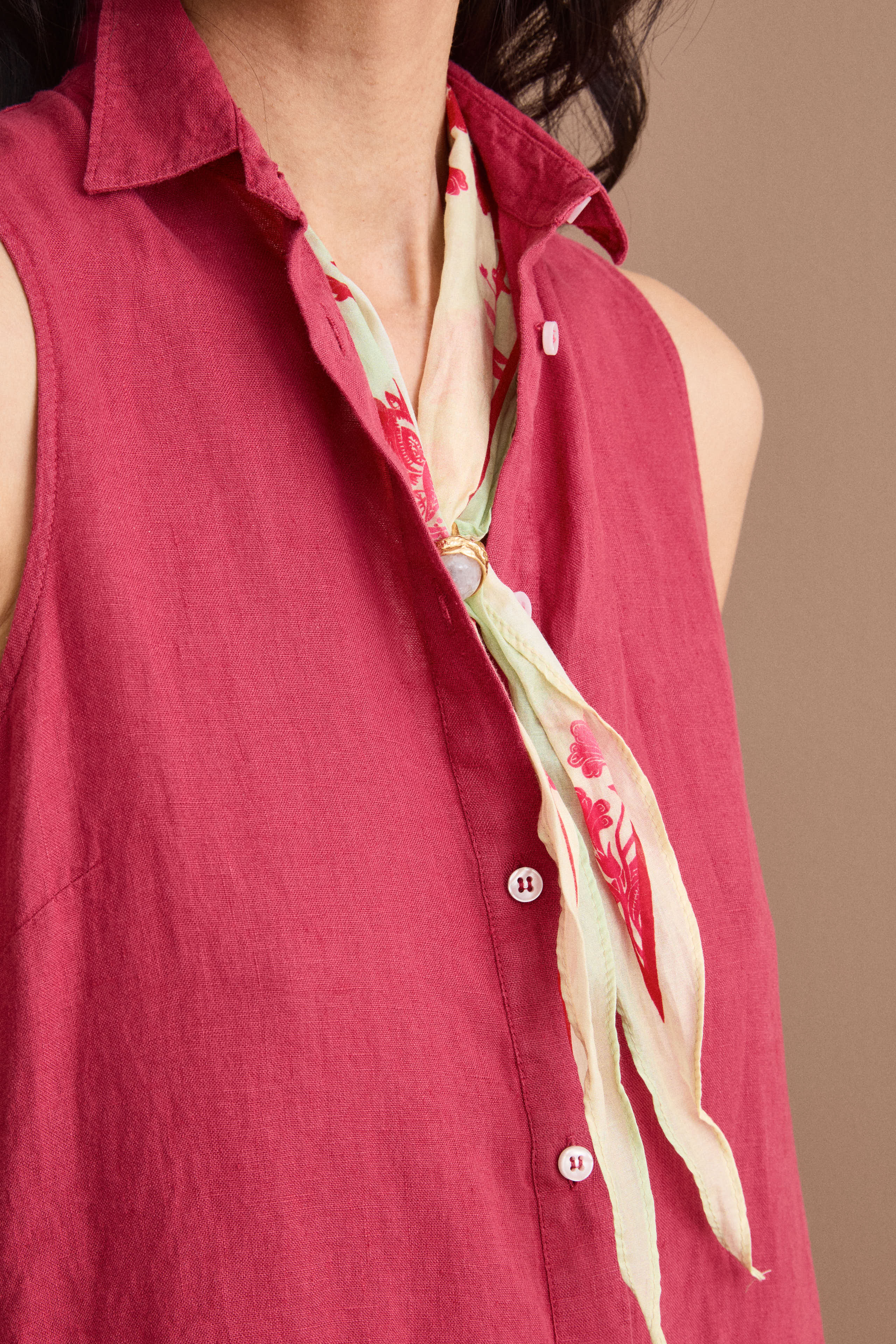 Sleeveless Midi Shirt Dress in Linen - Burgundy