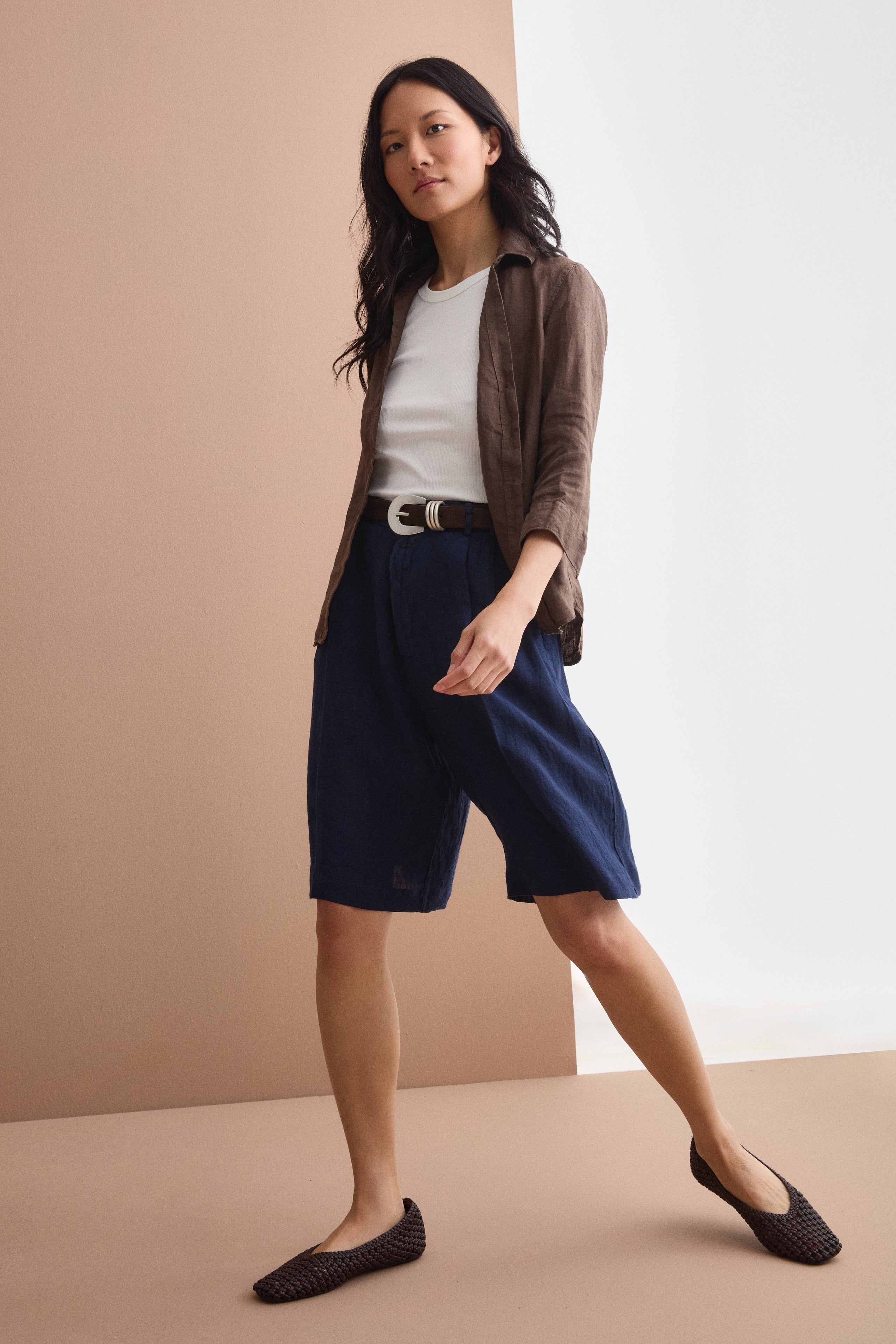 Jorts en lin à pinces - Bleu marine