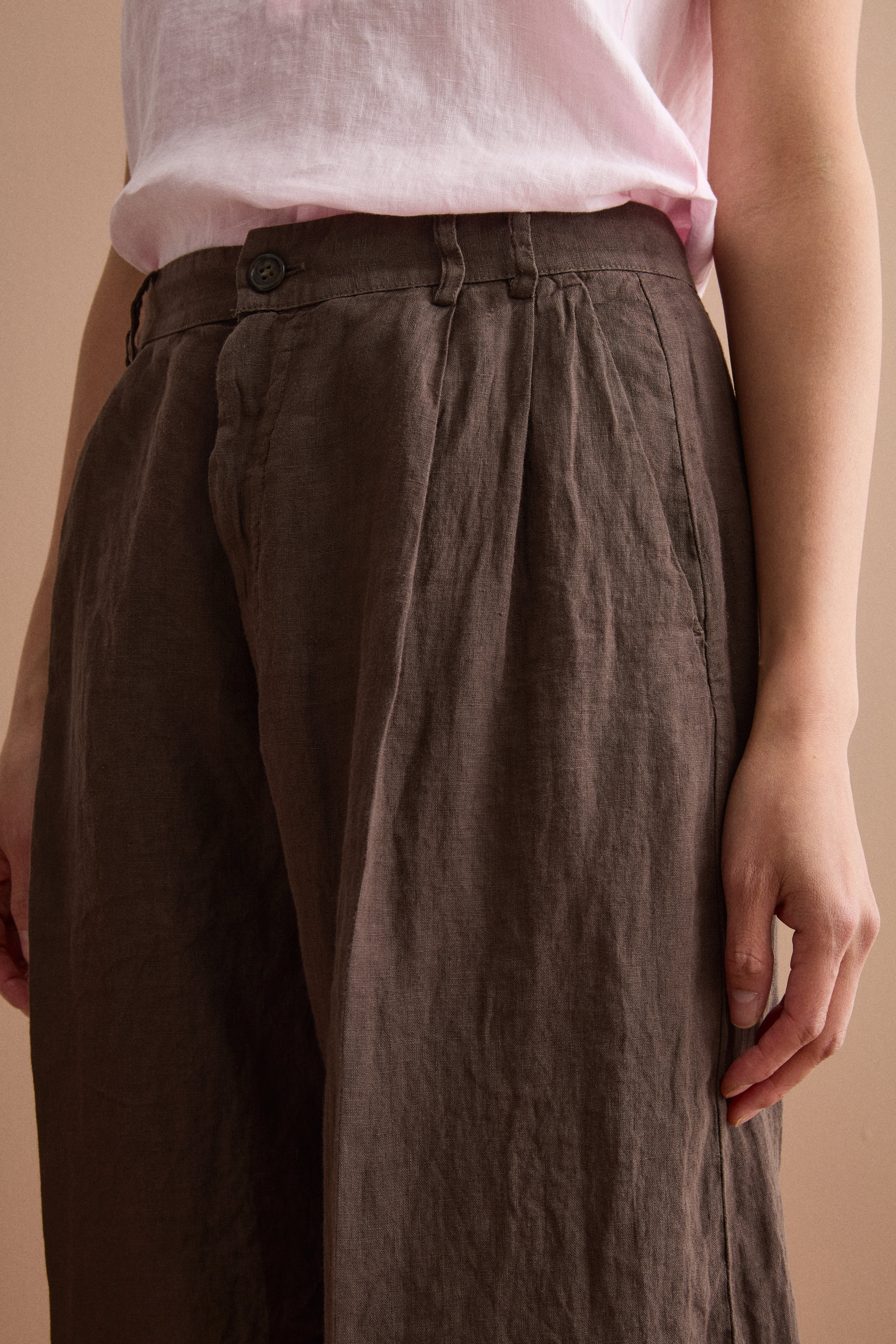 Leinen-Jorts mit Bundfalten - Dunkelbraun