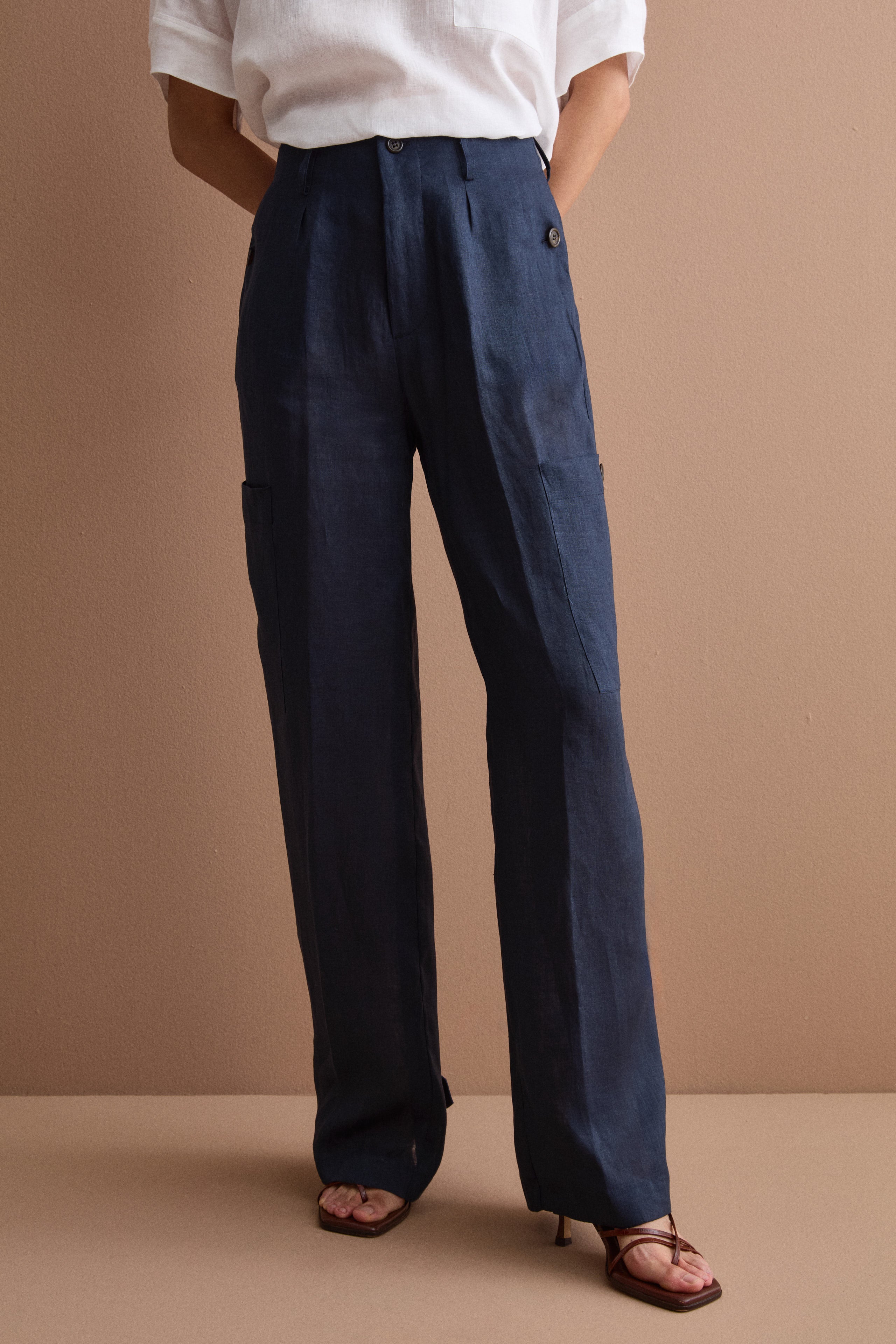 Cargo Linen Trousers with Pleats - Navy blue