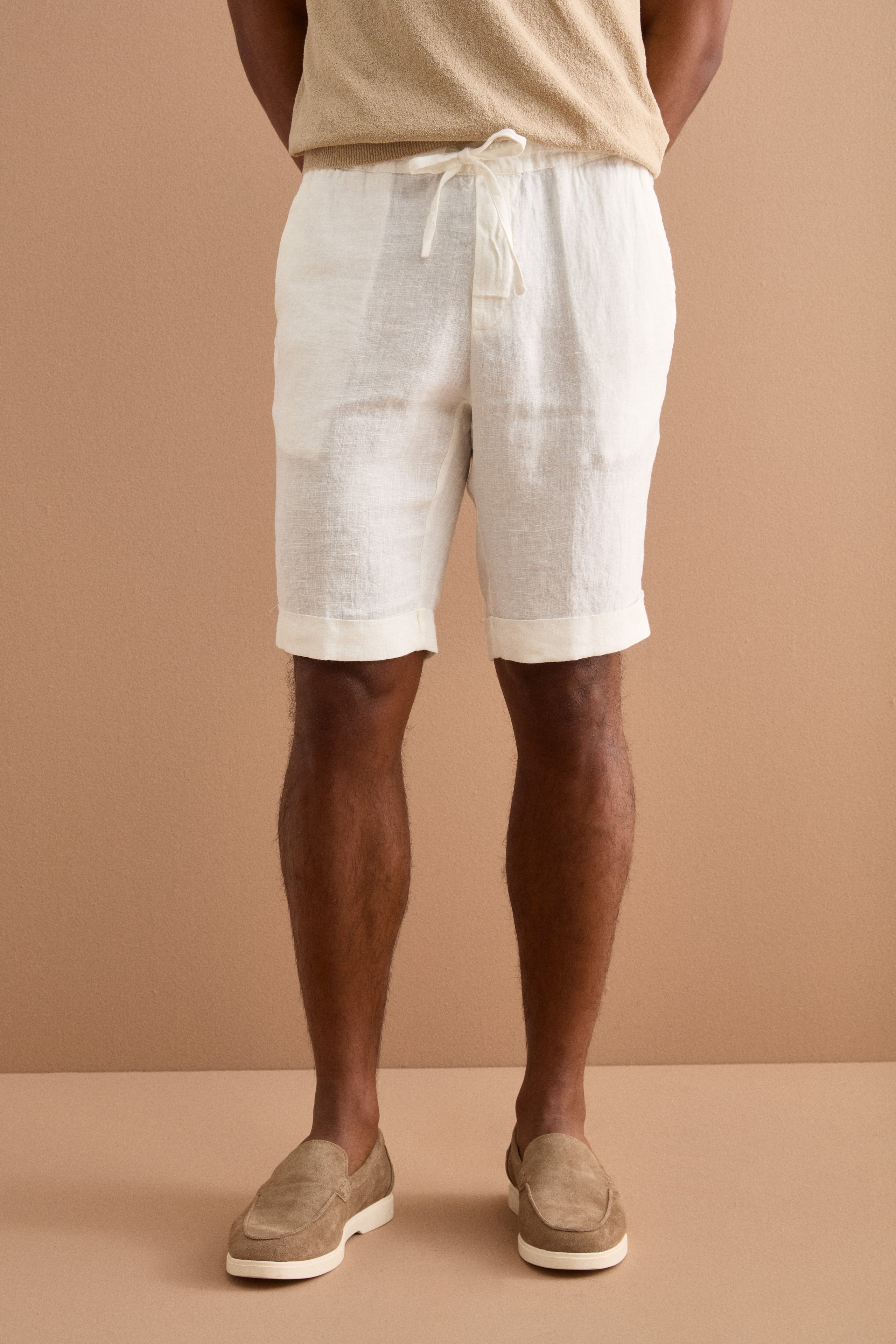 Linen Bermuda Shorts with Drawstring and Turn-Up Hem - CREAM