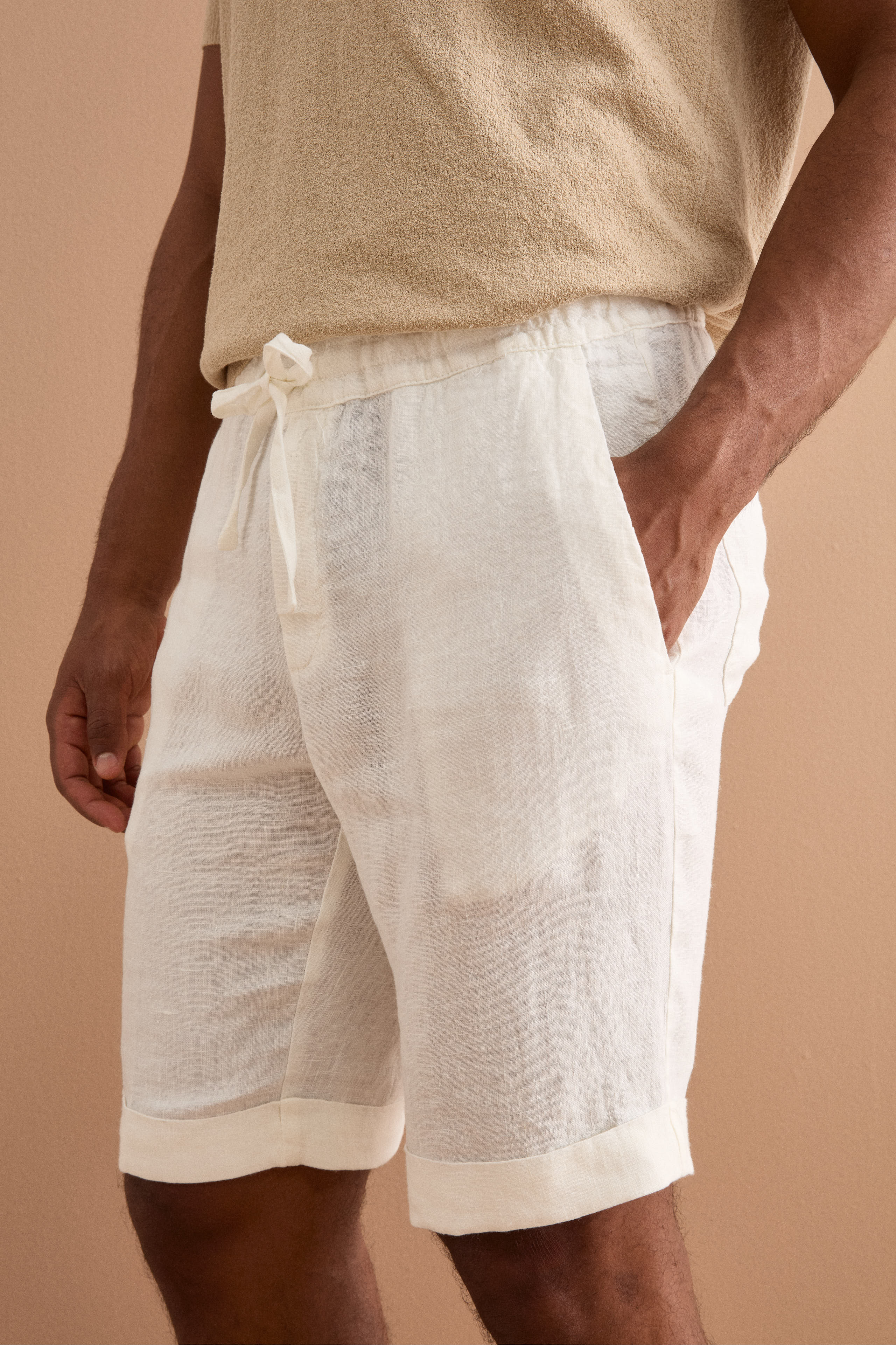 Linen Bermuda Shorts with Drawstring and Turn-Up Hem - CREAM