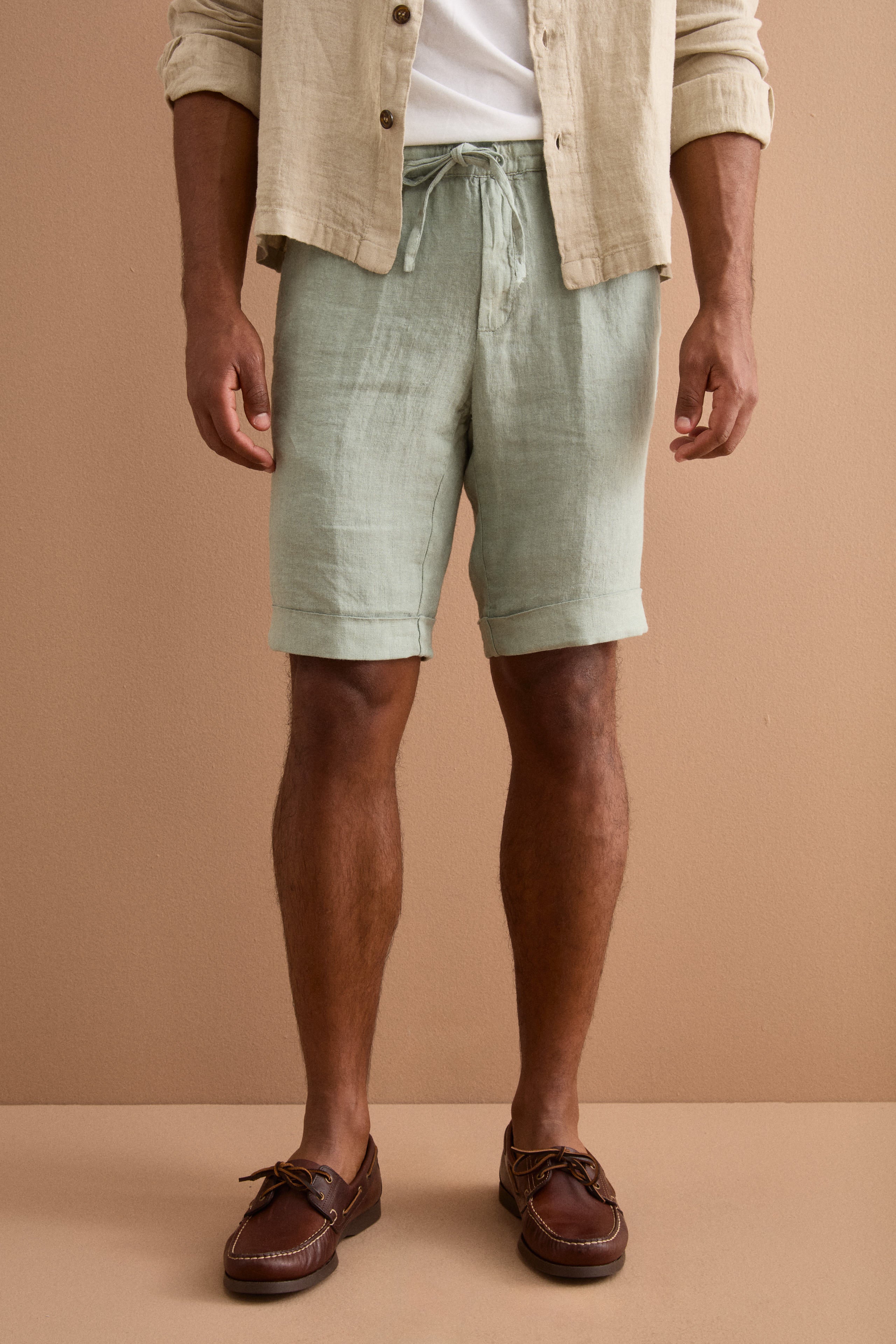 Linen Bermuda Shorts with Drawstring and Turn-Up Hem - GREEN